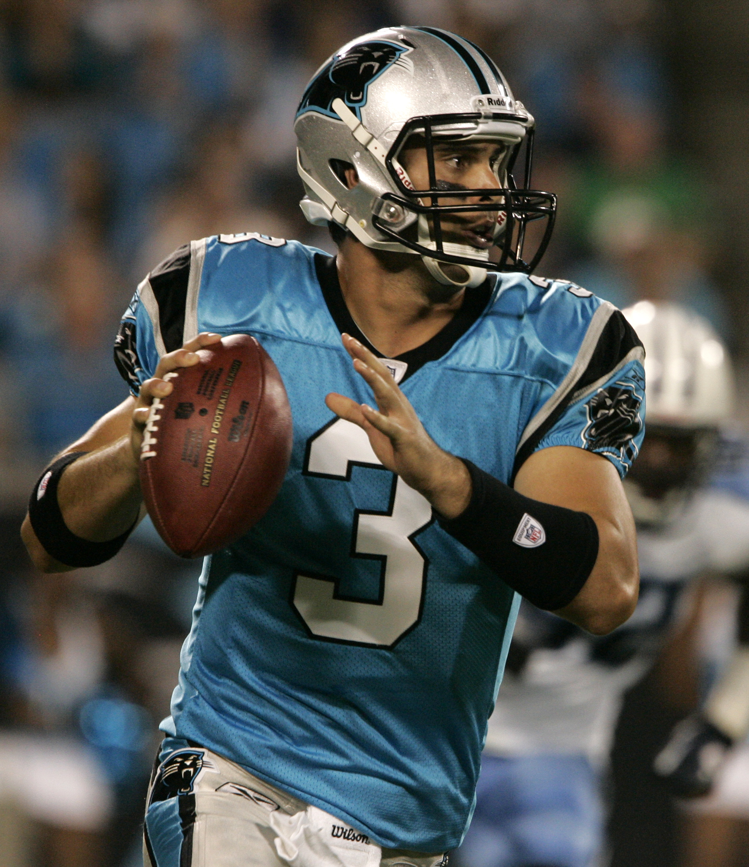 CHARLOTTE, NC - AUGUST 28:  Quarterback Matt Moore #3 of the Carolina Panthers looks to throw to his recievers during their preseason game against the Tennessee Titans at Bank of America Stadium on August 28, 2010 in Charlotte, North Carolina. (Photo by M