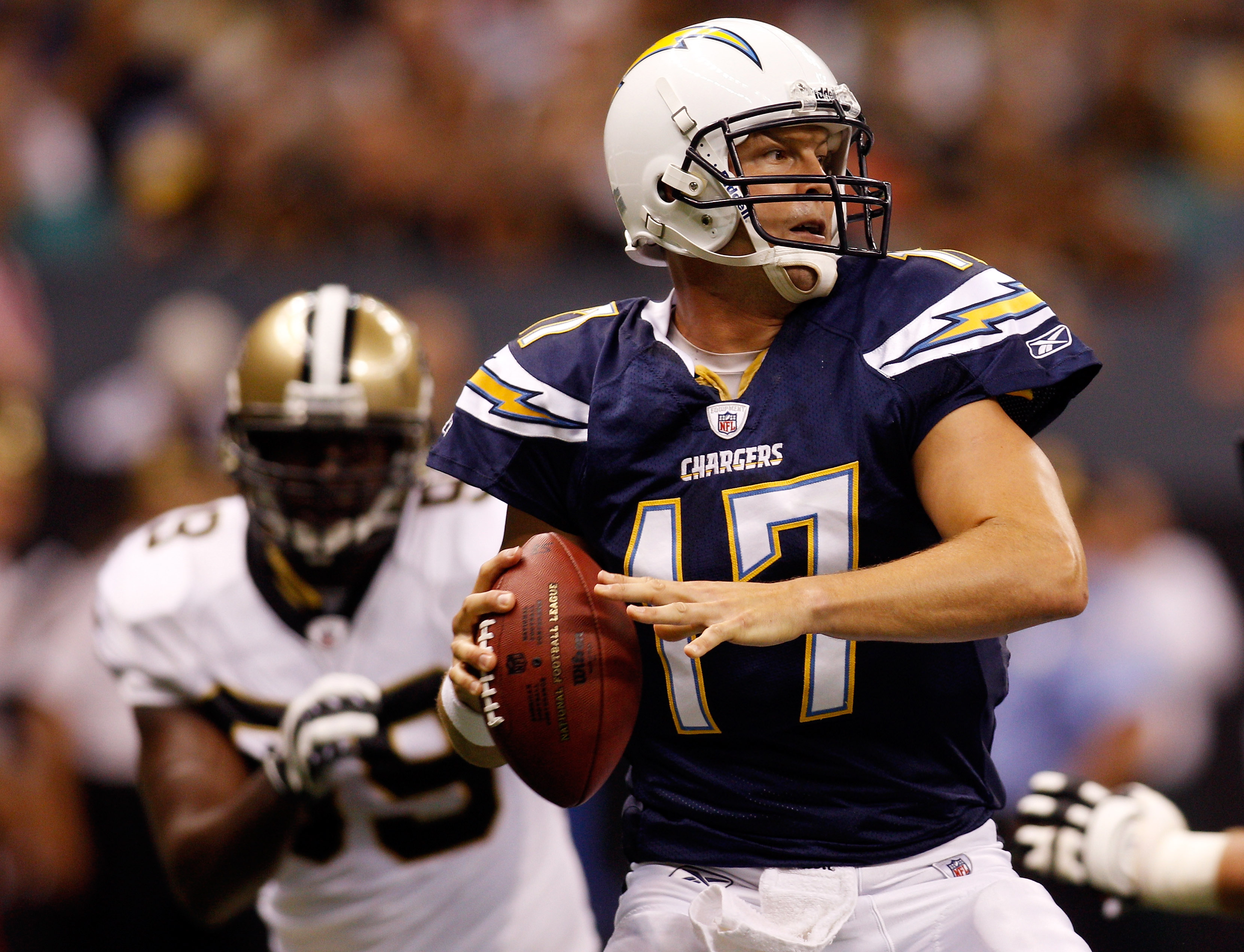 NEW ORLEANS - AUGUST 27: Philip Rivers #17 of the San Diego Chargers looks to throw a pass against the New Orleans Saints at the Louisiana Superdome on August 27, 2010 in New Orleans, Louisiana. (Photo by Chris Graythen/Getty Images)