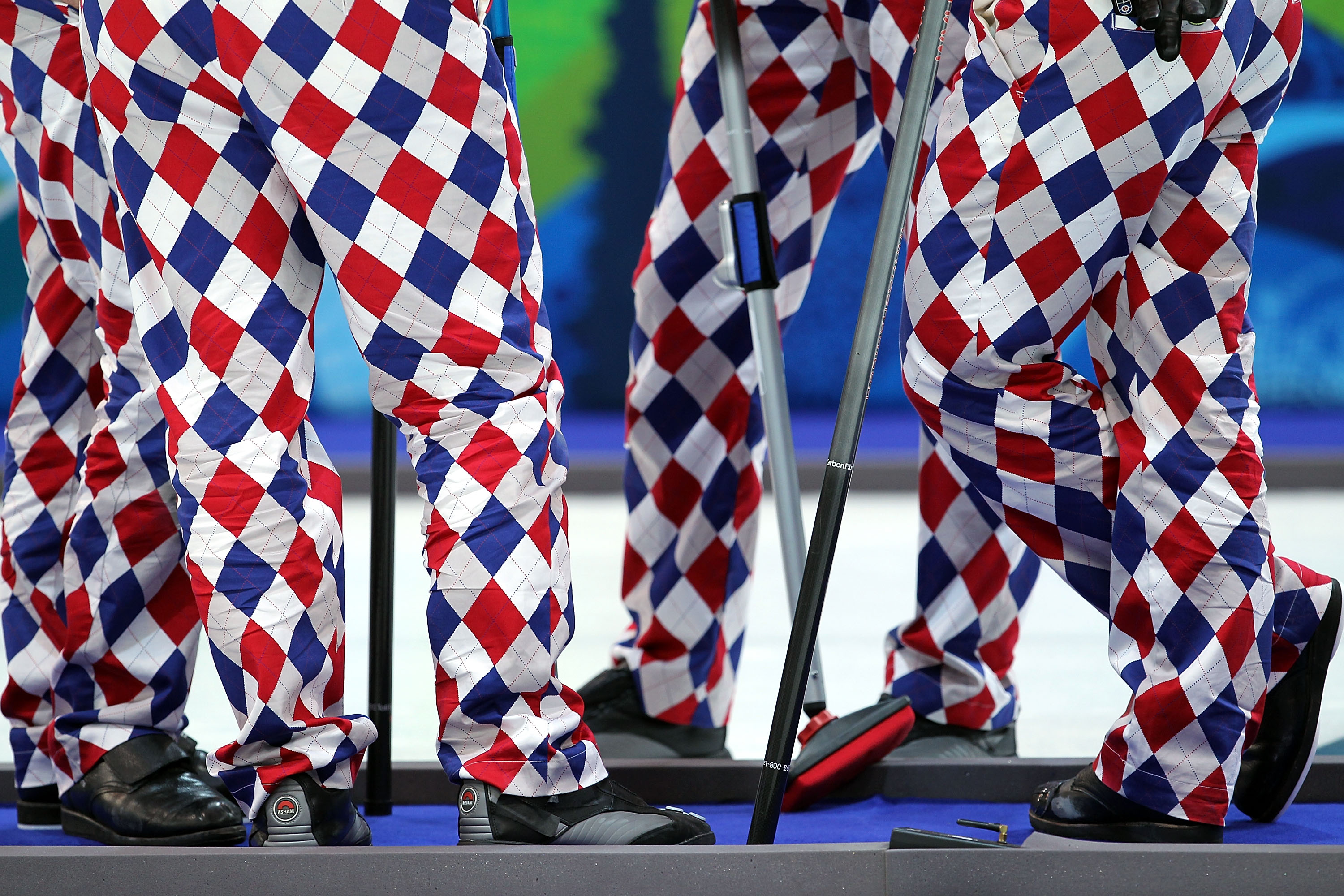VANCOUVER, BC - FEBRUARY 20:  A detail of the pants of members of the team from Norway during the curling round robin game against Denmark on day 9 of the Vancouver 2010 Winter Olympics at Vancouver Olympic Centre on February 20, 2010 in Vancouver, Canada