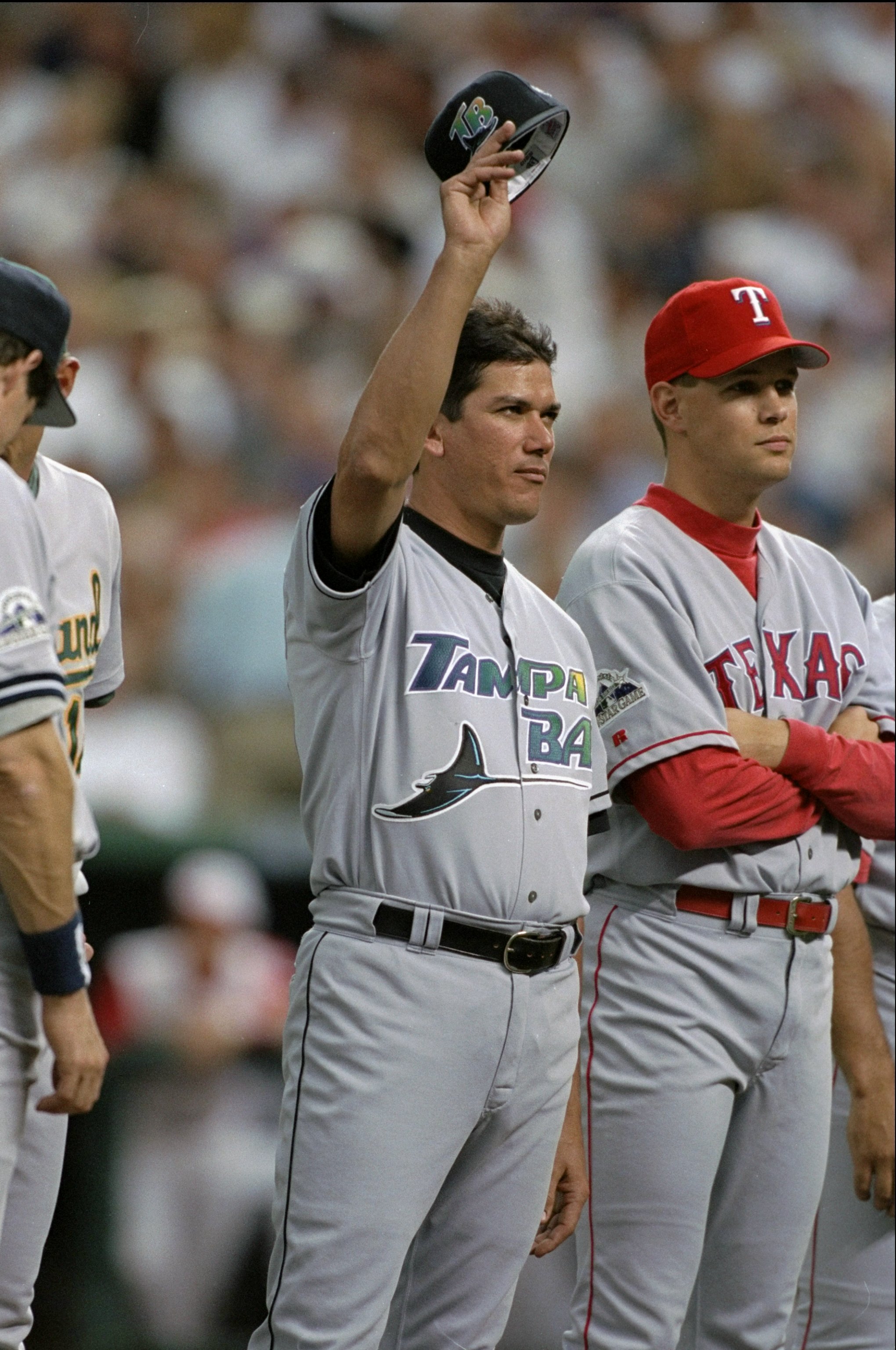 7 Jul 1998:  American League member Rolando Arrojo #30 of the Tampa Bay Devil Rays acknowledges the fans during the All-Star Game at Coors Field in Denver, Colorado. The American League defeated the National League 13-8. Mandatory Credit: Jed Jacobsohn  /