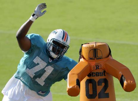 Photo: Miami Dolphins Joey Haynos and Chad Henne (7) react after