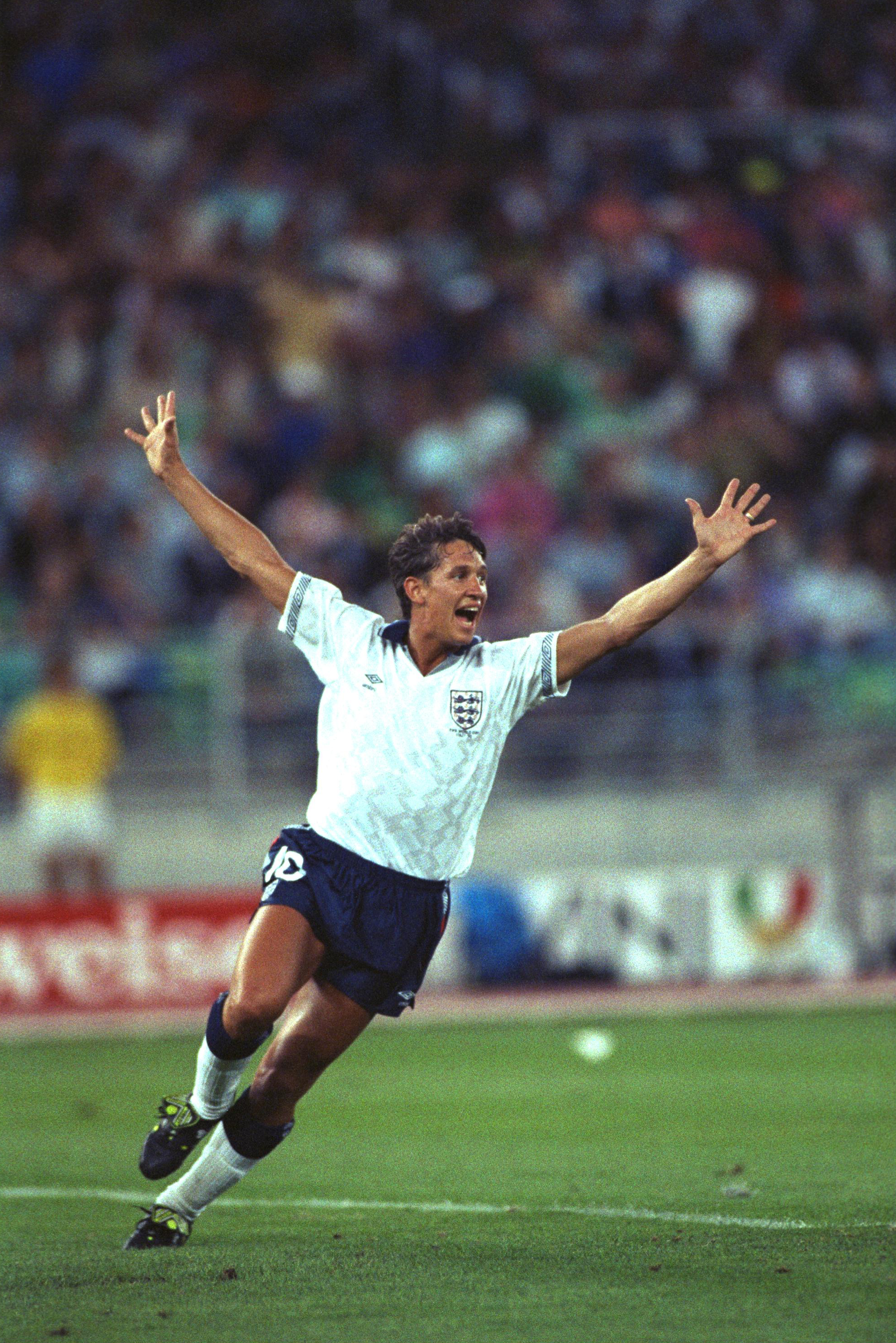 4 JUL 1990:  GARY LINEKER OF ENGLAND CELEBRATES AFTER SCORING THE EQUALISER AGAINST WEST GERMANY IN THEIR WORLD CUP SEMI FINAL MATCH PLAYED IN THE DELLE ALPI STADIUM IN TURIN. THE MATCH WAS A 1-1 DRAW AFTER EXTRA TIME BUT WEST GERMANY WON THE PENALTY SHOO