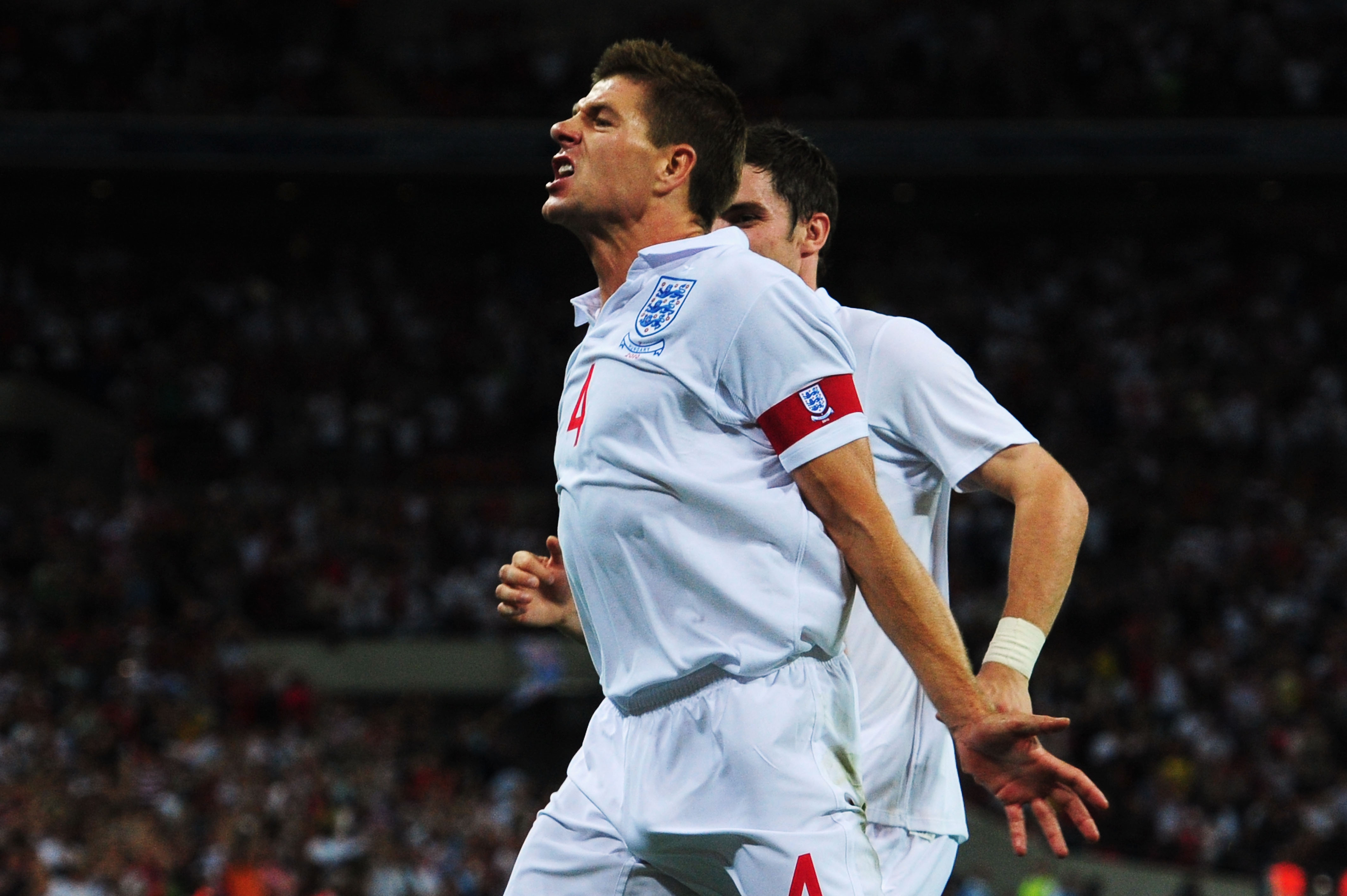 LONDON, ENGLAND - AUGUST 11:  Steven Gerrard of England celebrates after scoring his team's first goal to level the scores at 1-1 during the International Friendly match between England and Hungary at Wembley Stadium on August 11, 2010 in London, England.