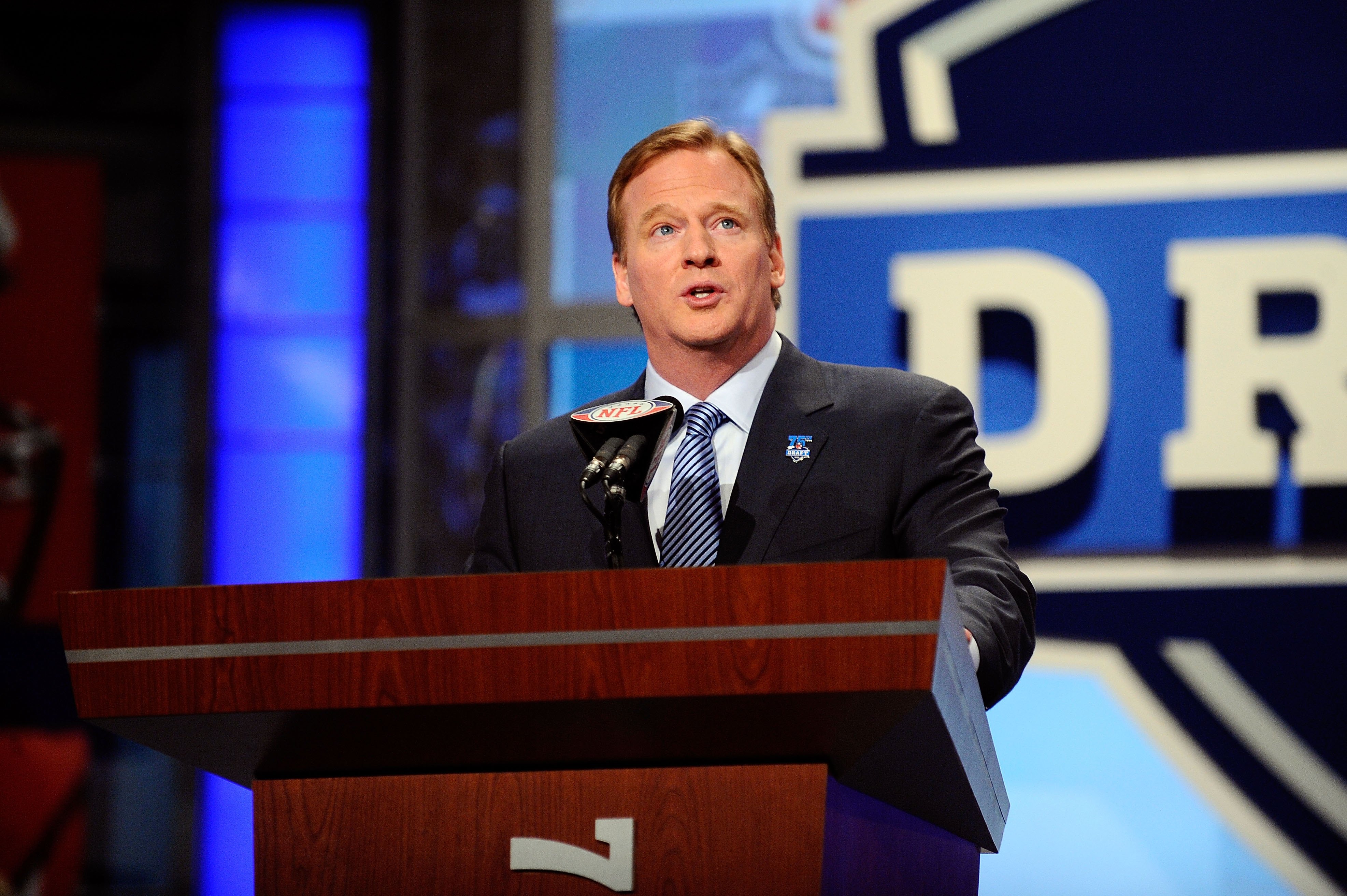 NEW YORK - APRIL 22:  NFL Commissioner Roer Goodell speaks at the podium during the first round of the 2010 NFL Draft at Radio City Music Hall on April 22, 2010 in New York City.  (Photo by Jeff Zelevansky/Getty Images)