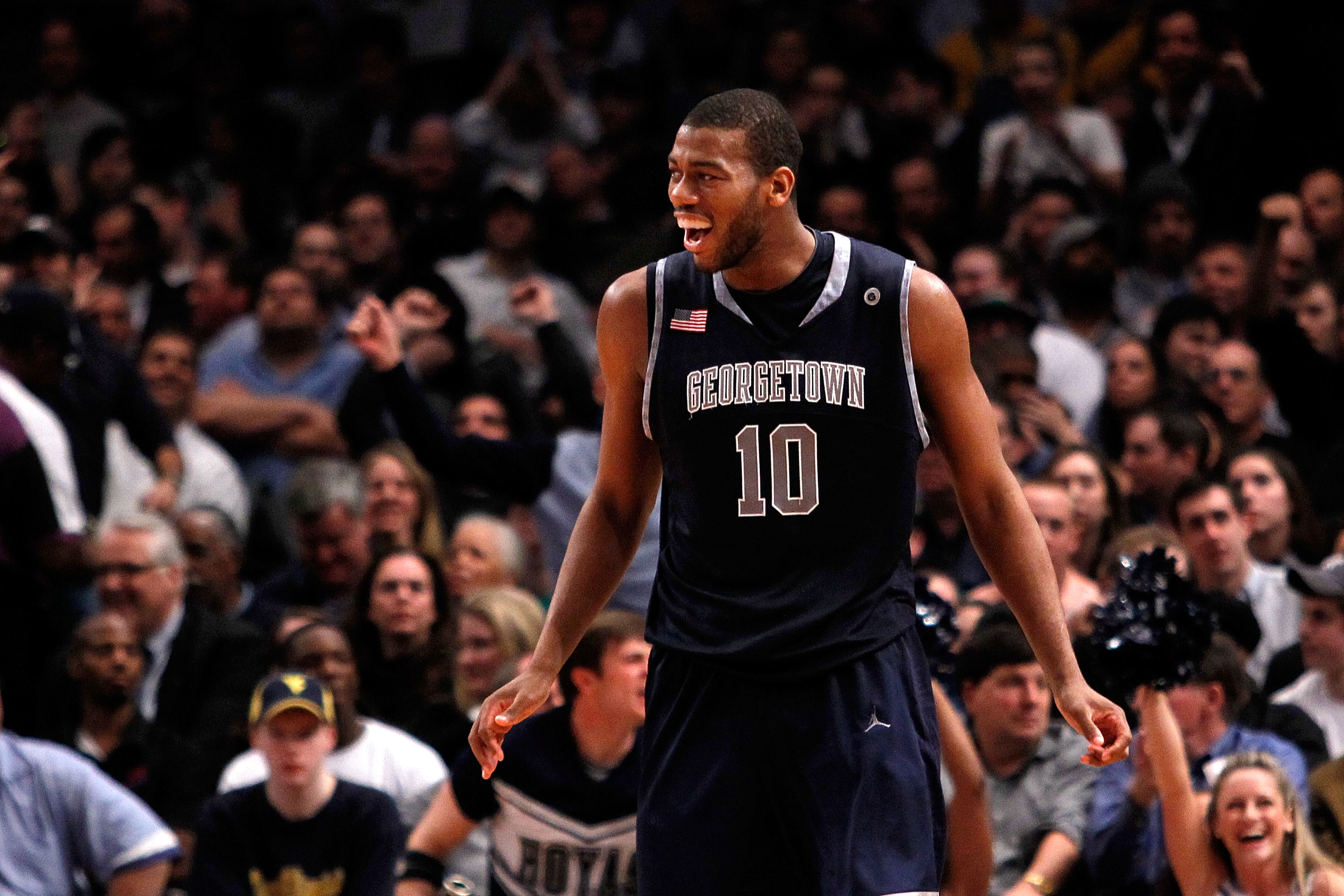 NEW YORK - MARCH 12: Greg Monroe #10 of the Georgetown Hoyas reacts after a play late in the game against the Marquette Golden Eagles during the semifinal of the 2010 Big East Tournament at Madison Square Garden on March 12, 2010 in New York City. (Phot