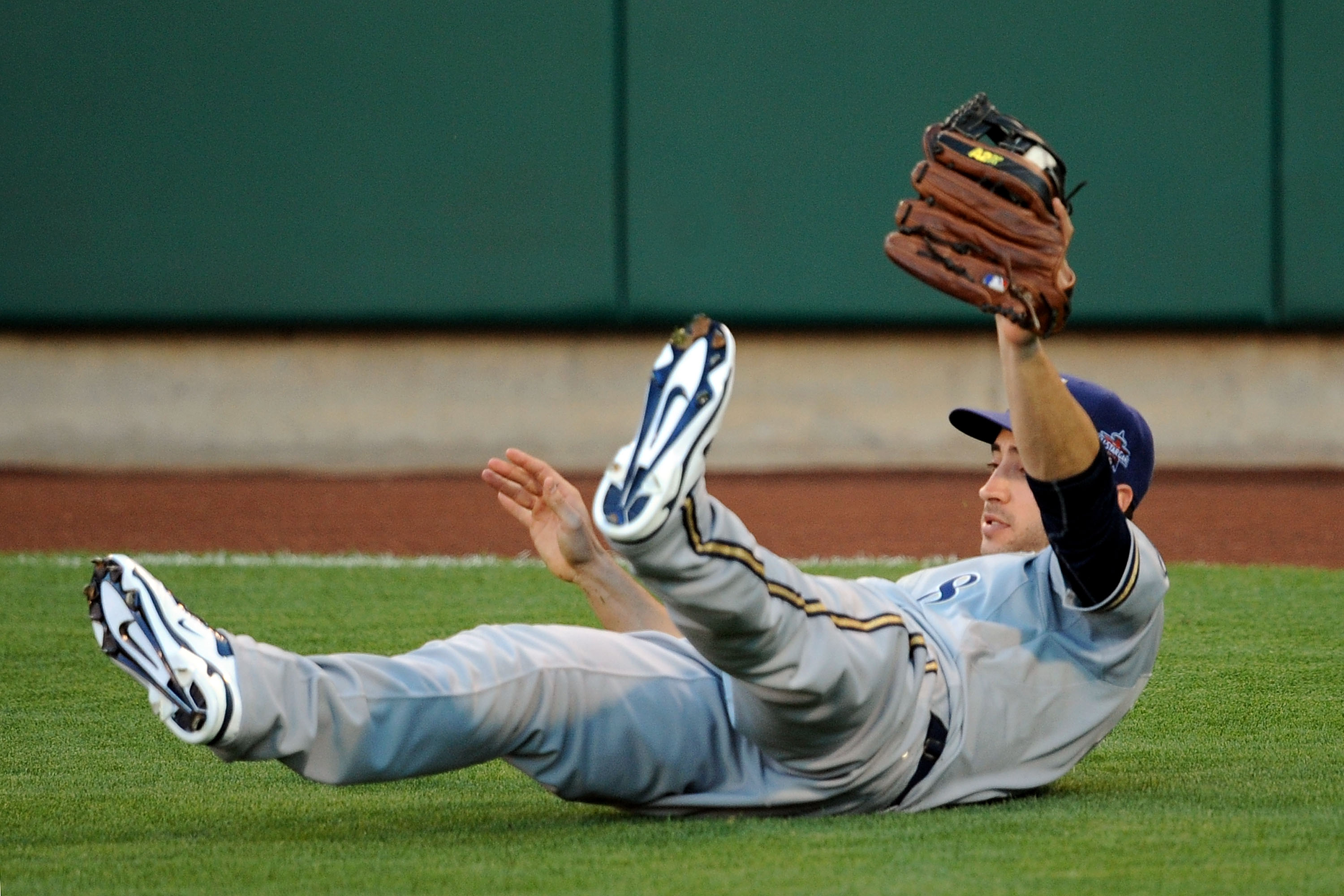 ANAHEIM, CA - JULY 13:  National League All-Star Ryan Bruan #8 of the Milwaukee Brewers dives to catch the ball during the 81st MLB All-Star Game at Angel Stadium of Anaheim on July 13, 2010 in Anaheim, California.  (Photo by Lisa Blumenfeld/Getty Images)