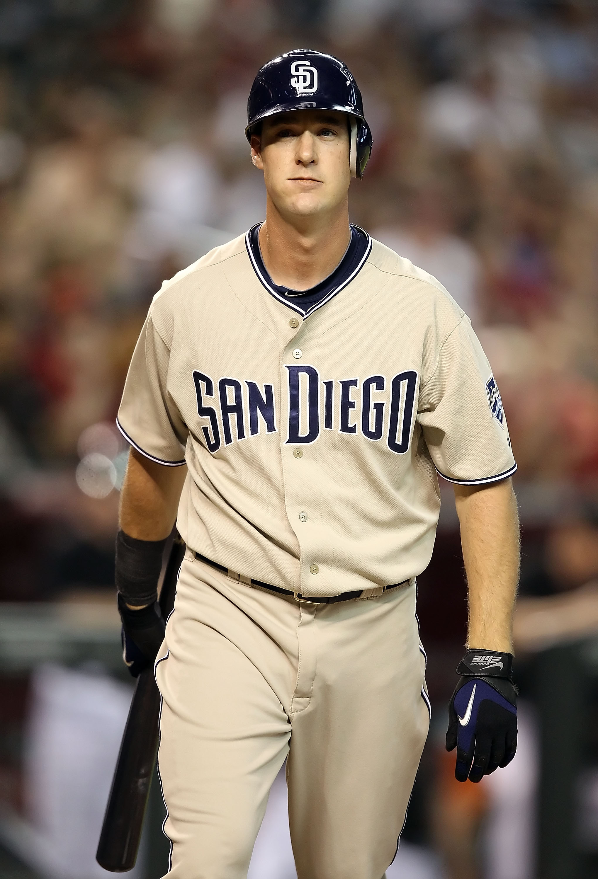 PHOENIX - AUGUST 07:  Ryan Ludwick #47 of the San Diego Padres reacts after striking out against the Arizona Diamondbacks during the Major League Baseball game at Chase Field on August 7, 2010 in Phoenix, Arizona. The Diamondbacks defeated the Padres 6-5.