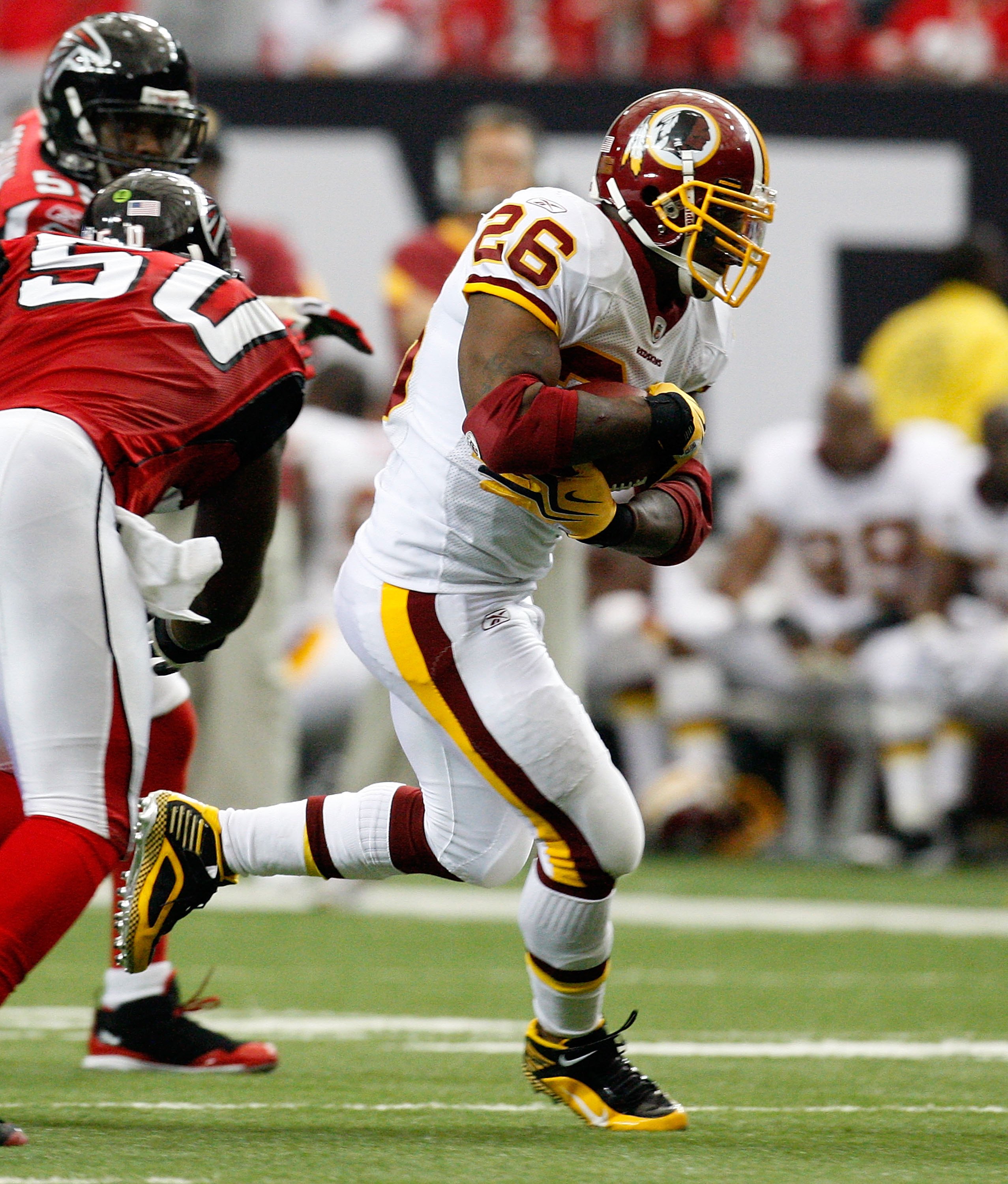 Washington Redskins' running back Clinton Portis stretches before Redskins  game against the Dallas Cowboys at FedEx Field in Landover, Maryland on  September 12, 2010. The Redskins defeated the Cowboys 13-7. UPI/Kevin  Dietsch