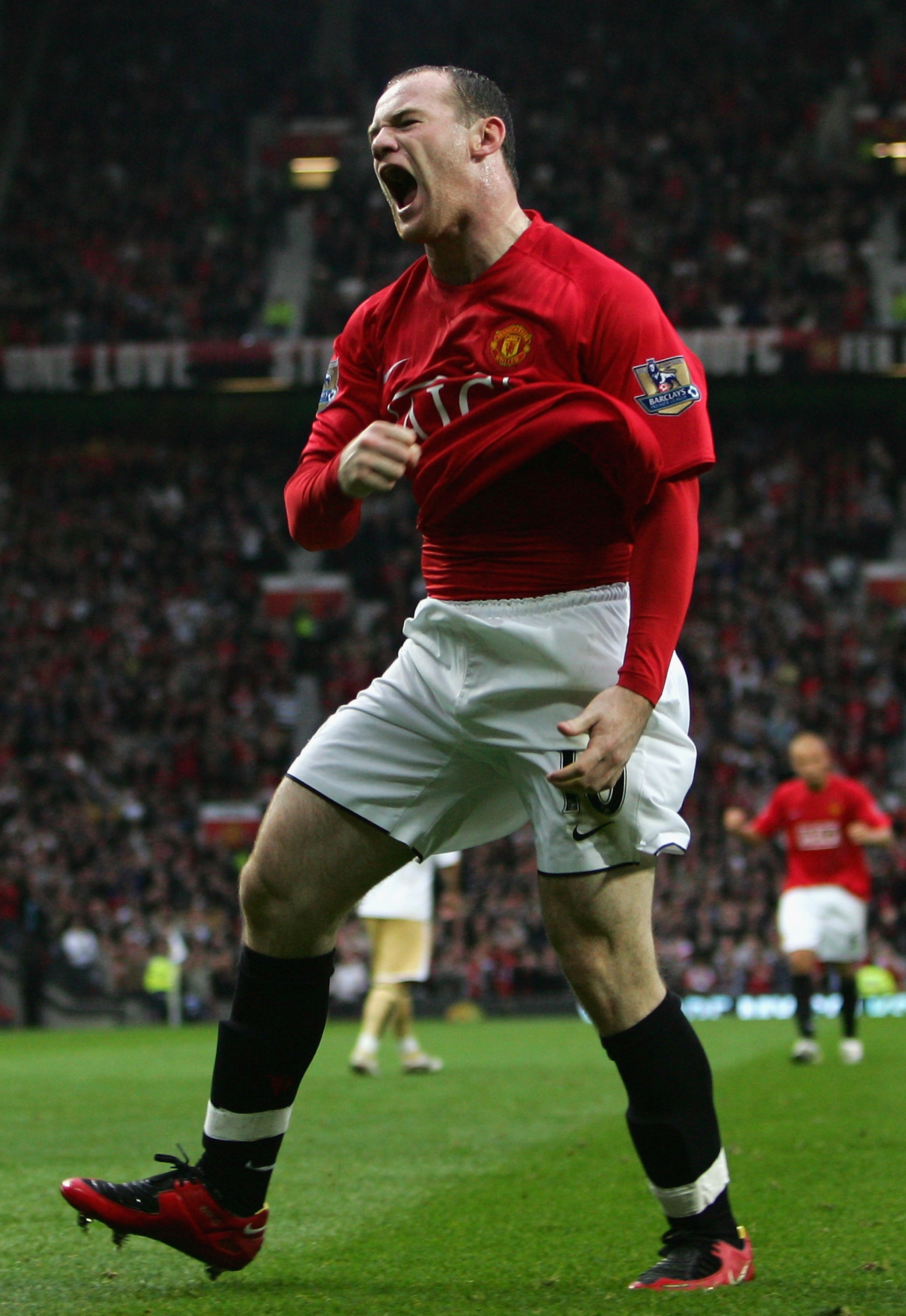 MANCHESTER, UNITED KINGDOM - OCTOBER 27:  Wayne Rooney of Manchester United celebrates scoring his team's second goal during the Barclays Premier League match between Manchester United and Middlesbrough at Old Trafford on October 27, 2007 in Manchester, E