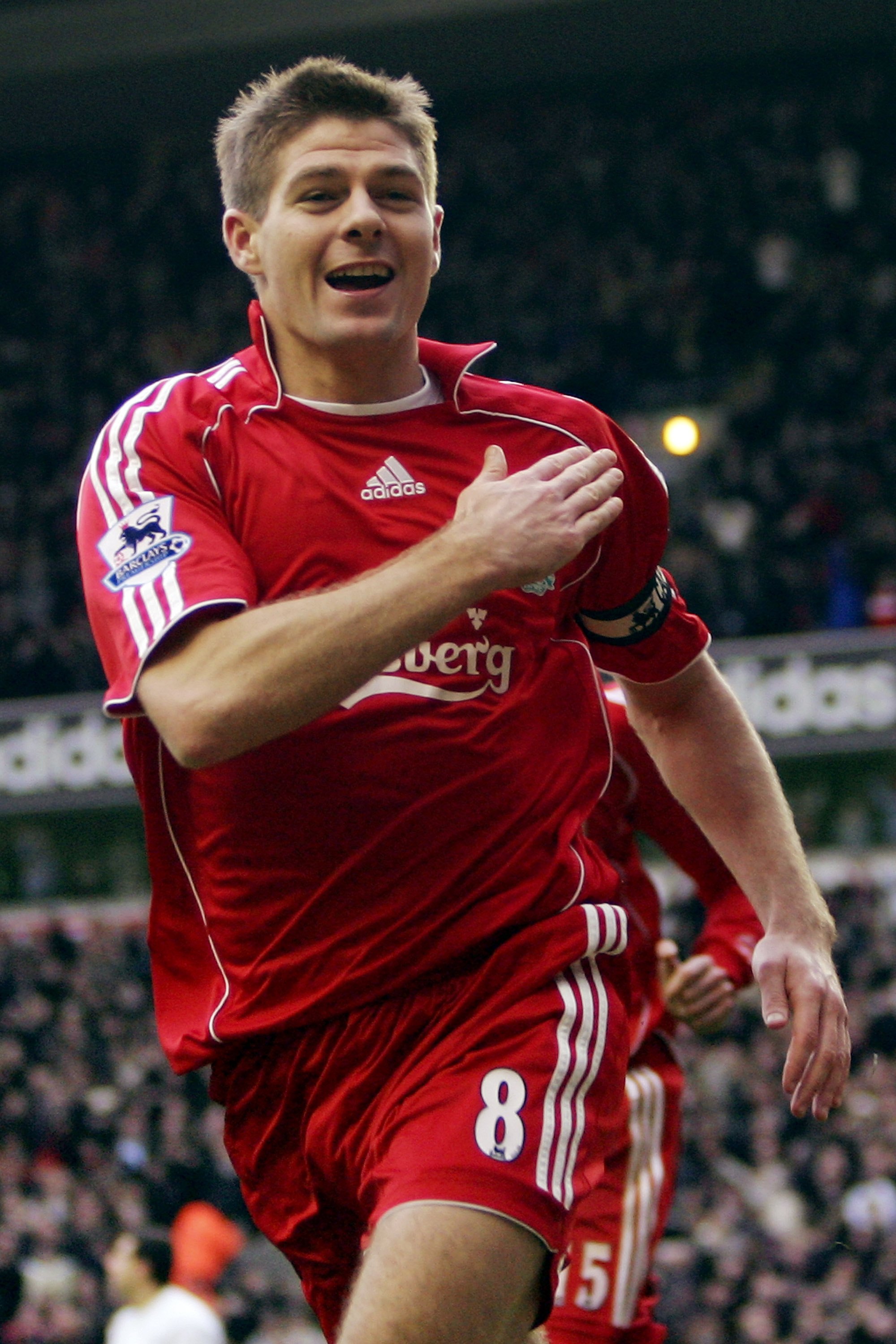 LIVERPOOL, UNITED KINGDOM - JANUARY 01:Steven Gerrard of Liverpool celebrates scoring the second goal during the Barclays Premiership match between Liverpool and Bolton Wanderers at Anfield on January 1, 2007 in Liverpool, England.  (Photo by Ross Kinnair