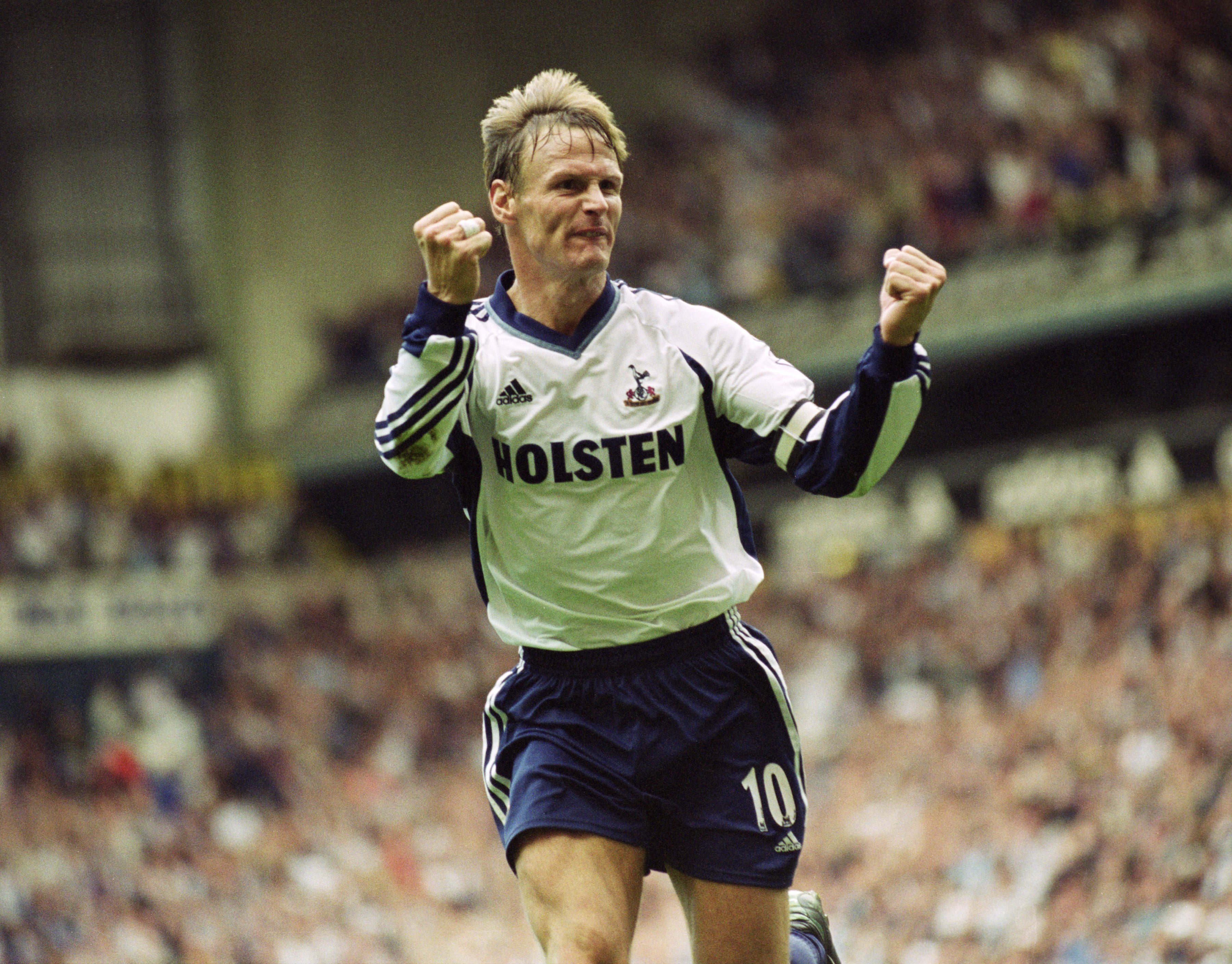 16 Sep 2001:  Teddy Sheringham celebrates scoring a goal during the FA Barclaycard Premiership match against Chelsea played at White Hart Lane in London.  Chelsea won the match 3 - 2. \ Mandatory Credit: Clive Brunskill /Allsport