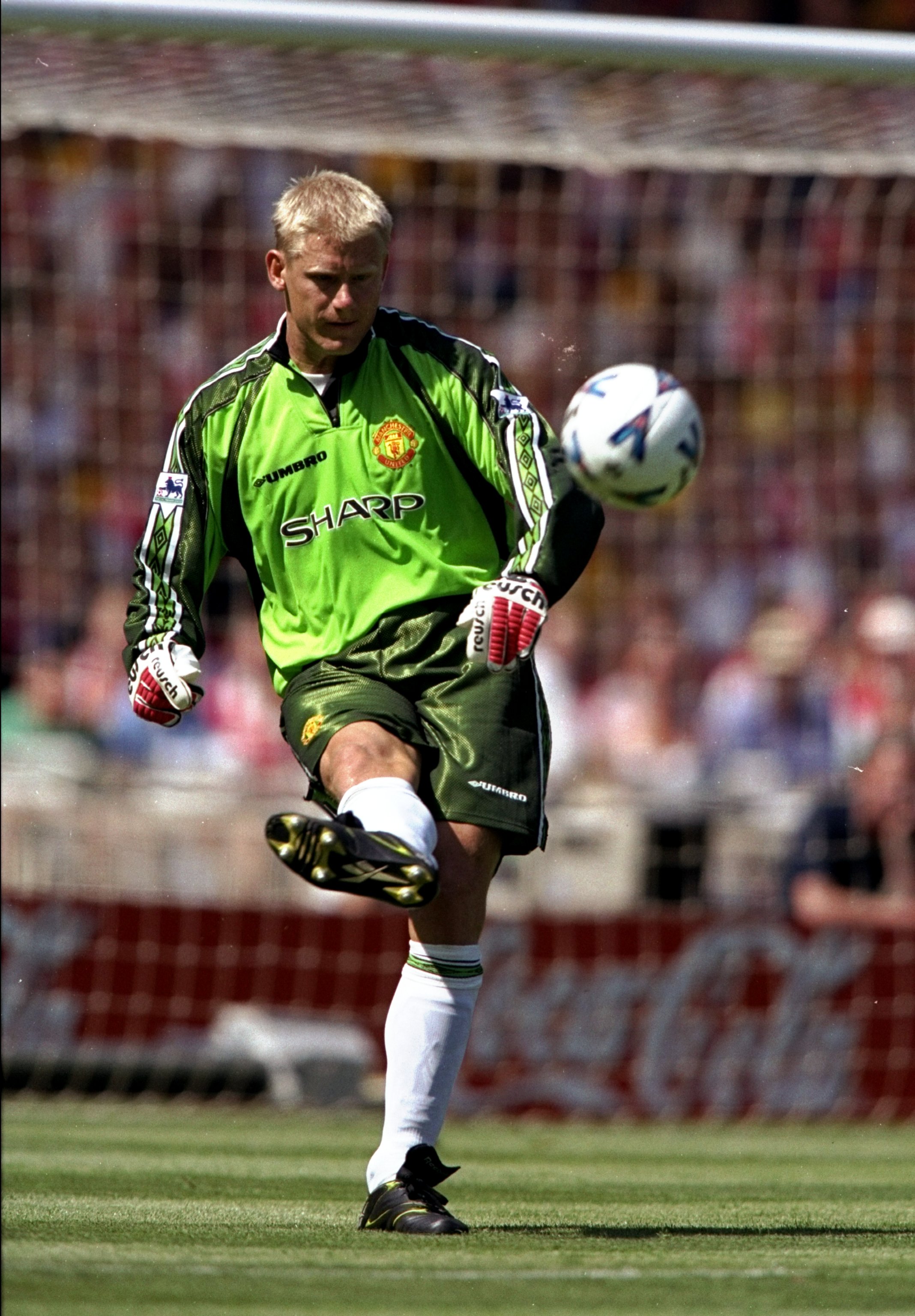9 Aug 1998:  Peter Schmeichel of Manchester United kicks upfield during the FA Charity Shield match against Arsenal at Wembley Stadium in London. Arsenal won 3-0.  \ Mandatory Credit: Allsport UK /Allsport