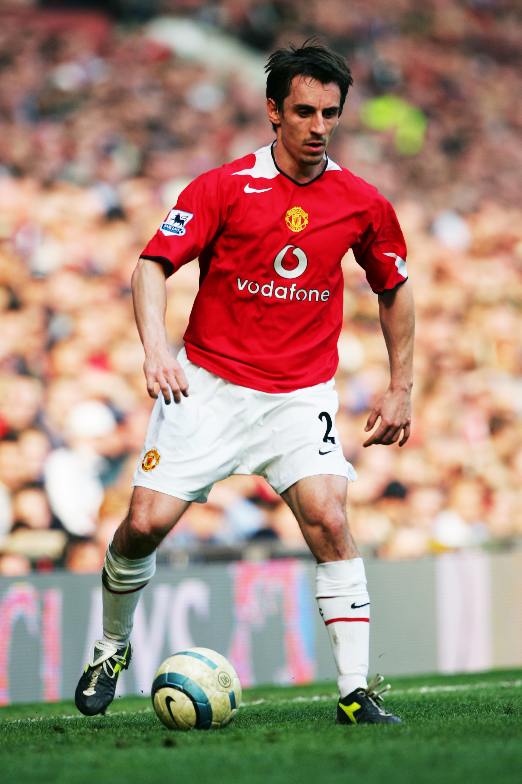MANCHESTER, ENGLAND - APRIL 2:  Gary Neville of Manchester United in action during the Premier League match between Manchester United and Blackburn Rovers at Old Trafford on April 2, 2005 in Manchester, England.  (Photo by Alex Livesey/Getty Images)