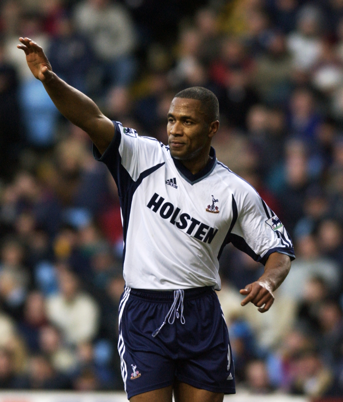 29 Dec 2001:  Les Ferdinand of Tottenham Hotspur celebrates scoring the opening goal of the match during the FA Barclaycard Premiership match against Aston Villa played at Villa Park, in Birmingham, England. The match ended in a 1-1 draw. DIGITAL IMAGE.Ma