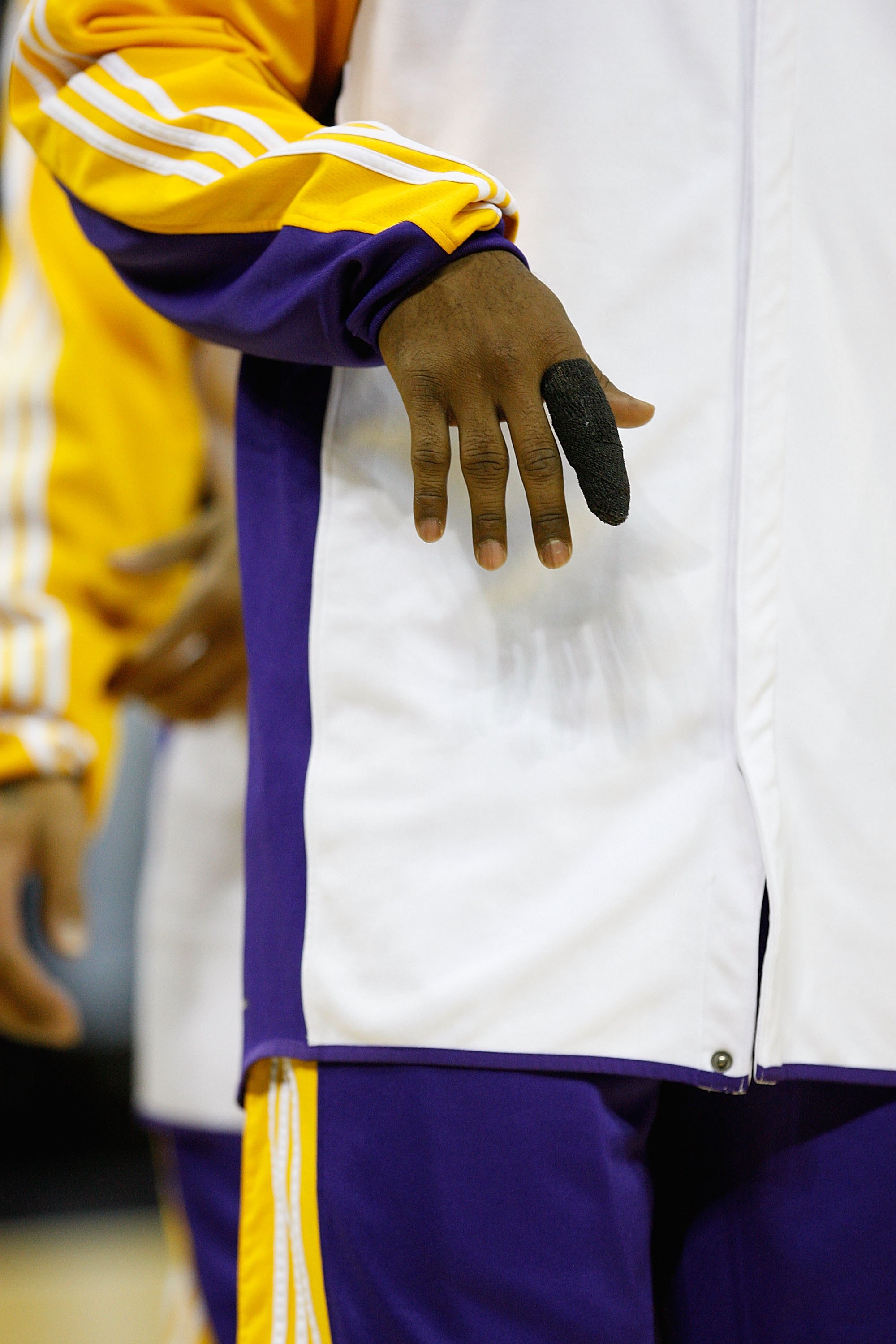 SAN ANTONIO - JANUARY 12:  The injured right index finger of Kobe Bryant #24 of the Los Angeles Lakers  on January 12, 2010 at AT&T Center in San Antonio, Texas.  NOTE TO USER: User expressly acknowledges and agrees that, by downloading and/or using this 