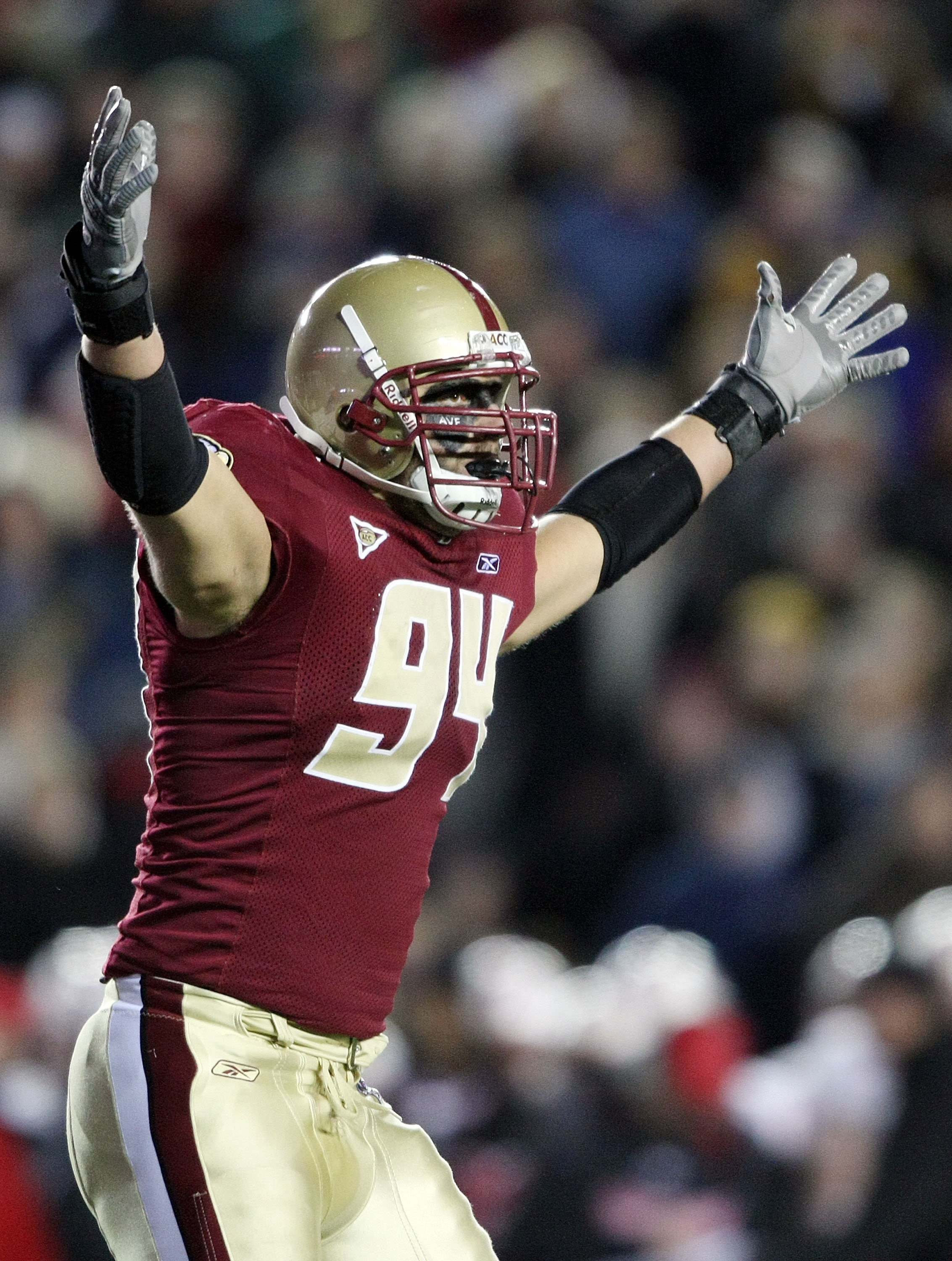 CHESTNUT HILL, MA - NOVEMBER 29: Mark Herzlich #94 of the Boston College Eagles tries to get the crowd going in the third quarter against the Maryland Terrapins on November 29, 2008 at Alumni Stadium in Chestnut Hill, Massachusetts. Boston College defeat