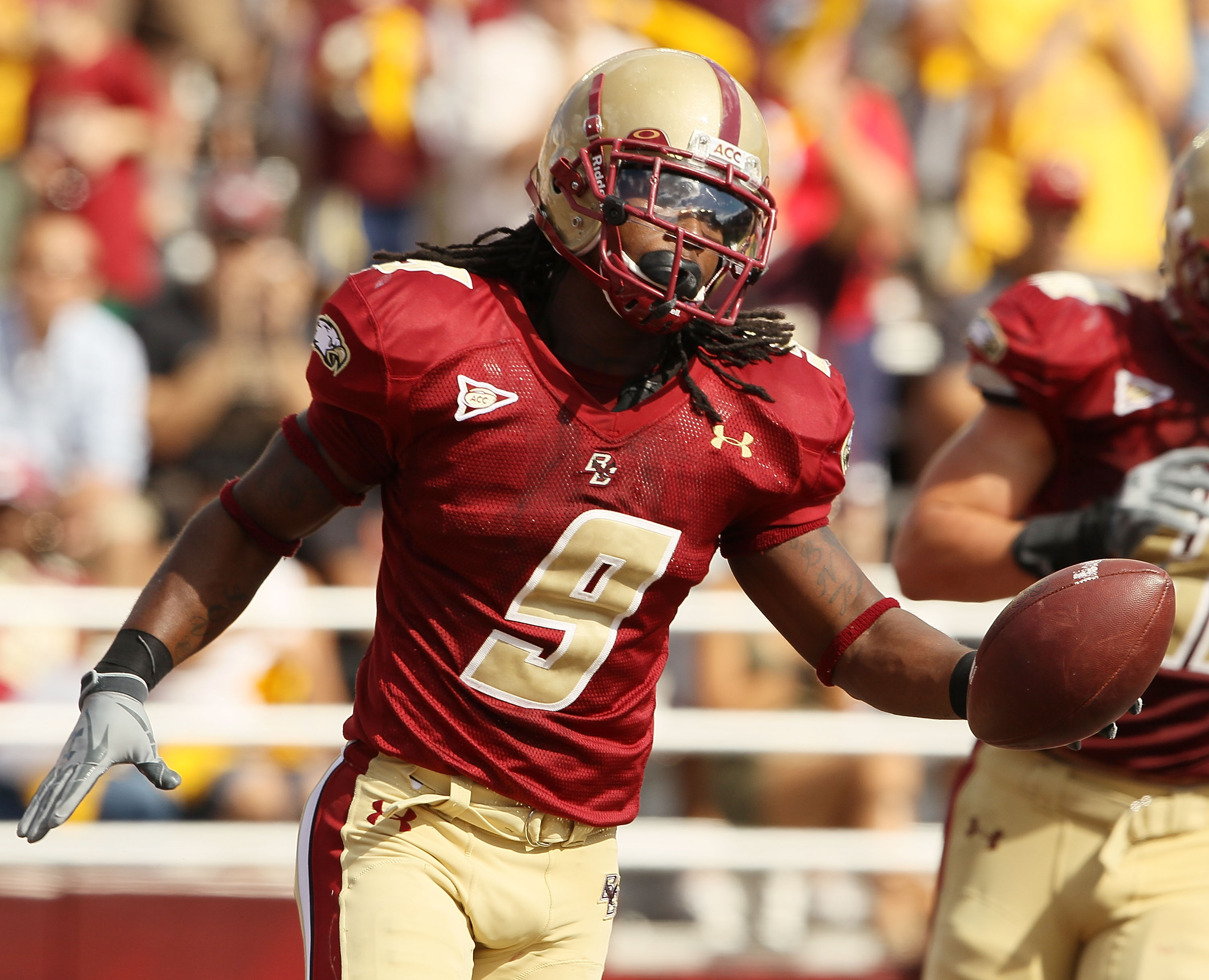 CHESTNUT HILL, MA - SEPTEMBER 04: DeLeon Gause #9 of the Boston College Eagles celebrates after he intercepted the ball and ran it in for a touchdown in the third quarter against the Weber State Wildcats on September 4, 2010 at Alumni Stadium in Chestnut