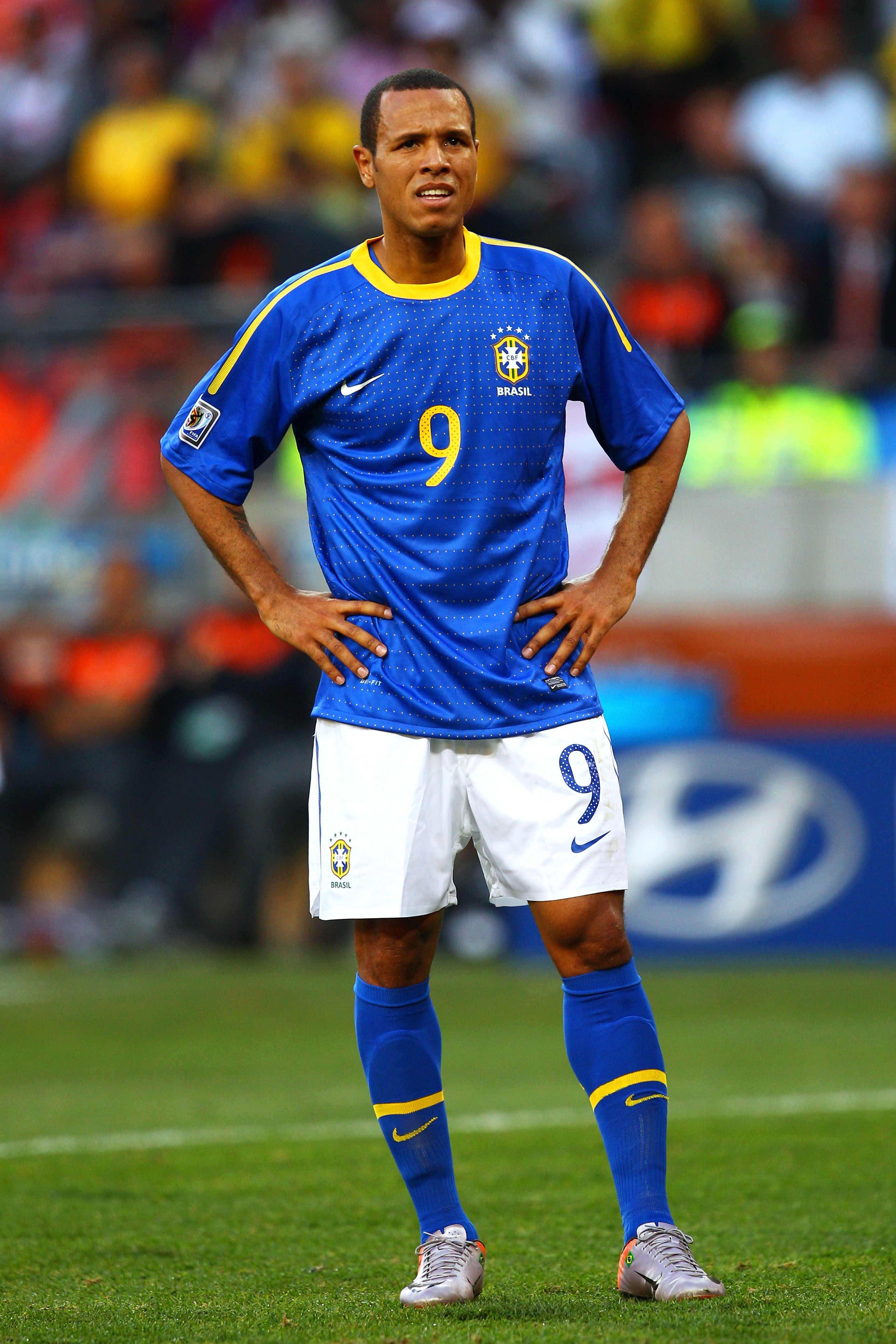 PORT ELIZABETH, SOUTH AFRICA - JULY 02:  Luis Fabiano of Brazil looks on during the 2010 FIFA World Cup South Africa Quarter Final match between Netherlands and Brazil at Nelson Mandela Bay Stadium on July 2, 2010 in Nelson Mandela Bay/Port Elizabeth, Sou