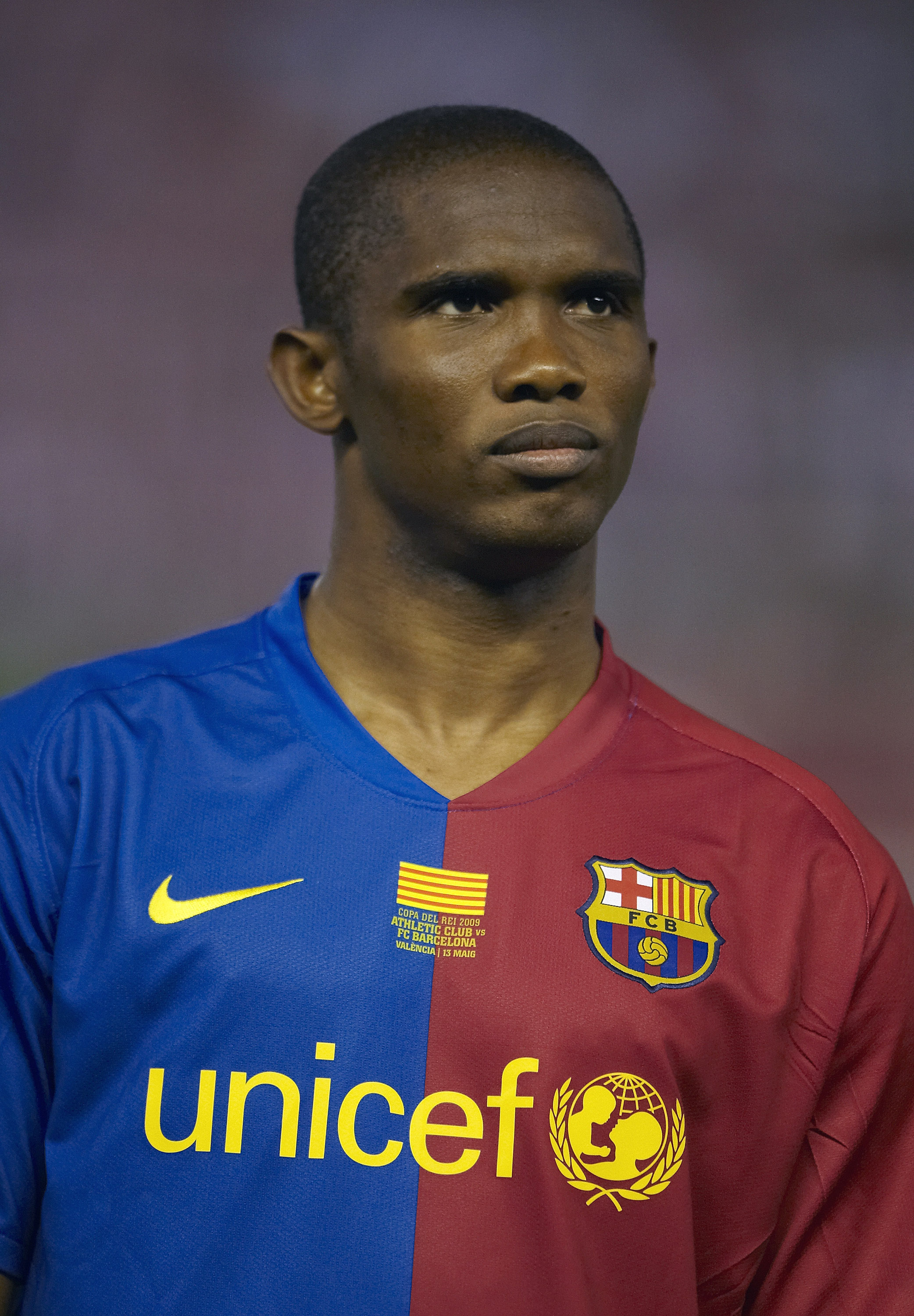 VALENCIA, SPAIN - MAY 13:  Samuel Eto'o of Barcelona looks on before the Copa del Rey final match between Barcelona and Athletic Bilbao at the Mestalla stadium on May 13, 2009 in Valencia, Spain. Barcelona won 4-1.  (Photo by Manuel Queimadelos Alonso/Get