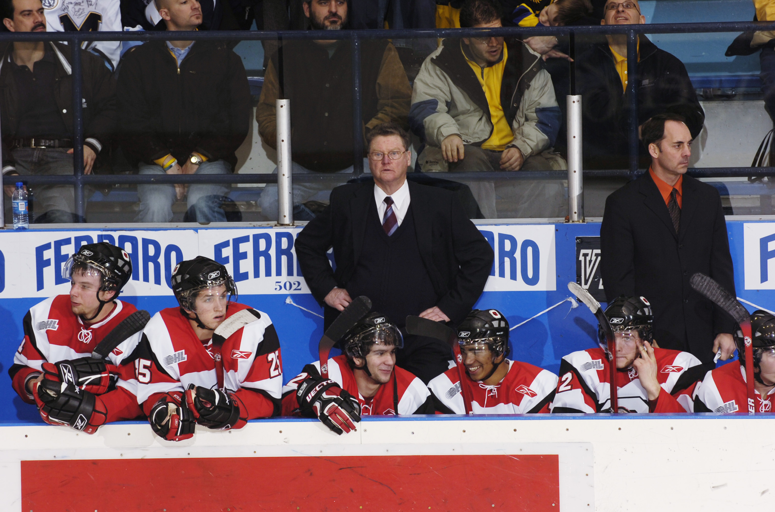 TORONTO - JANUARY 12: Head Coach Brian Kilrea of the Ottawa 67's looks on from behind the bench against the Toronto St. Michael's Majors during the OHL game on January 12, 2006 at St. Michael's School Arena. The 67's won 4-2. (Photo by Graig Abel/Getty