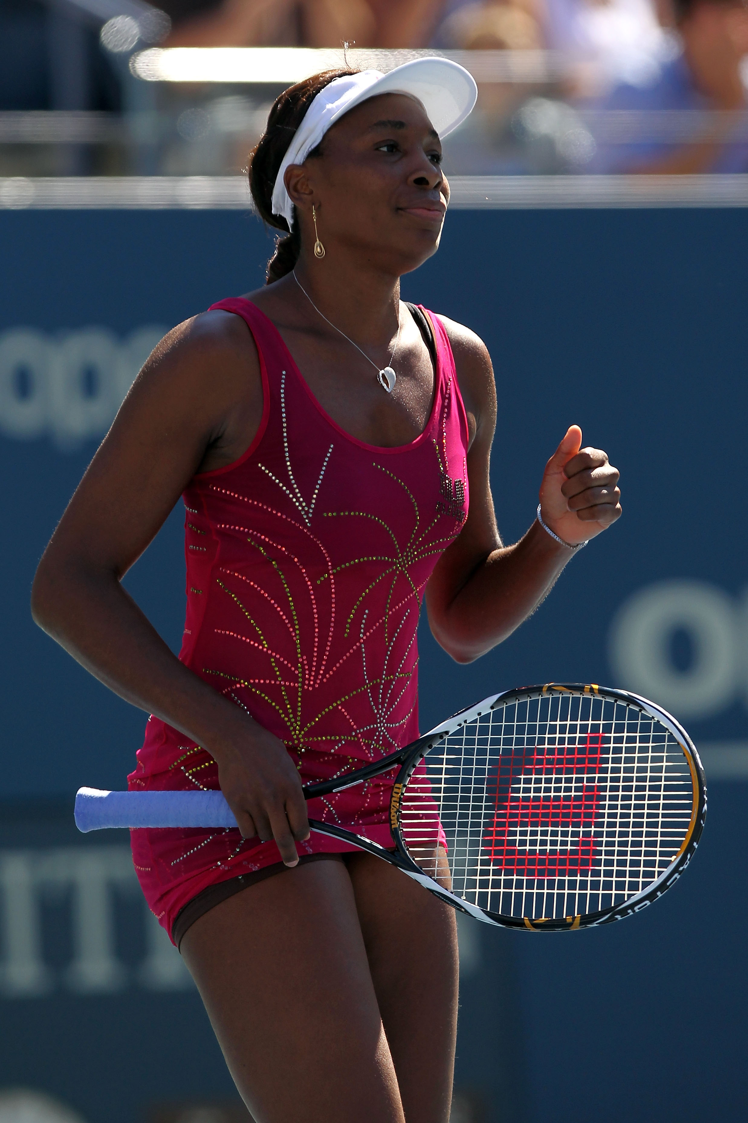 NEW YORK - SEPTEMBER 05:  Venus Williams of the United States celebrates winning match point against Shahar Peer of Israel during her women's singles match on day seven of the 2010 U.S. Open at the USTA Billie Jean King National Tennis Center on September