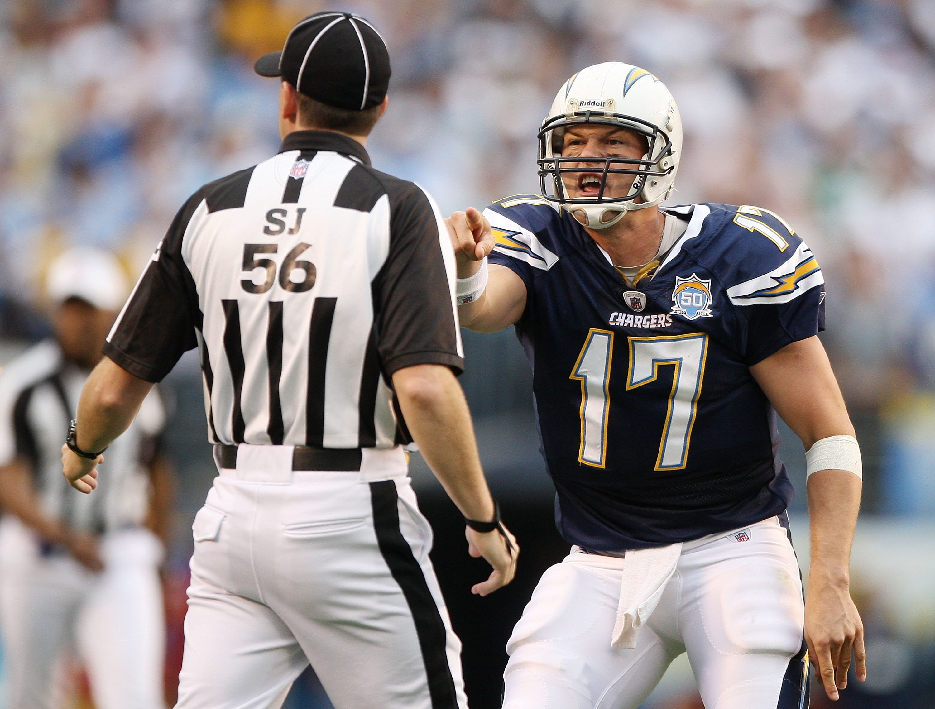 SAN DIEGO - JANUARY 17:  Quarterback Philip Rivers #17 of the San Diego Chargers yells at a referee after an interception by the New York Jets during the AFC Divisional Playoff Game at Qualcomm Stadium on January 17, 2010 in San Diego, California.  (Photo