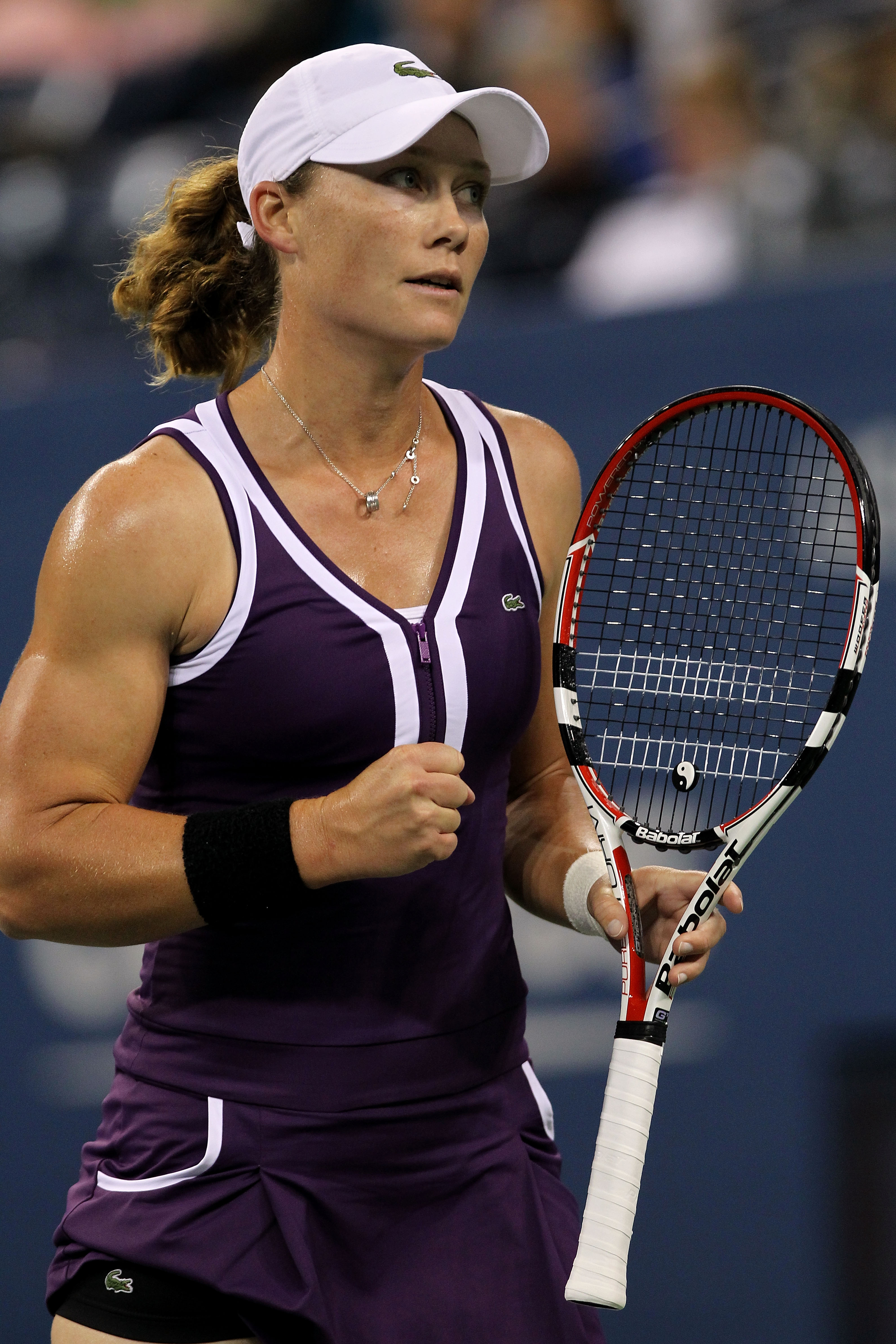 NEW YORK - SEPTEMBER 05:  Samantha Stosur of Australia reacts against Elena Dementieva of Russia during her women's singles match on day seven of the 2010 U.S. Open at the USTA Billie Jean King National Tennis Center on September 5, 2010 in the Flushing n