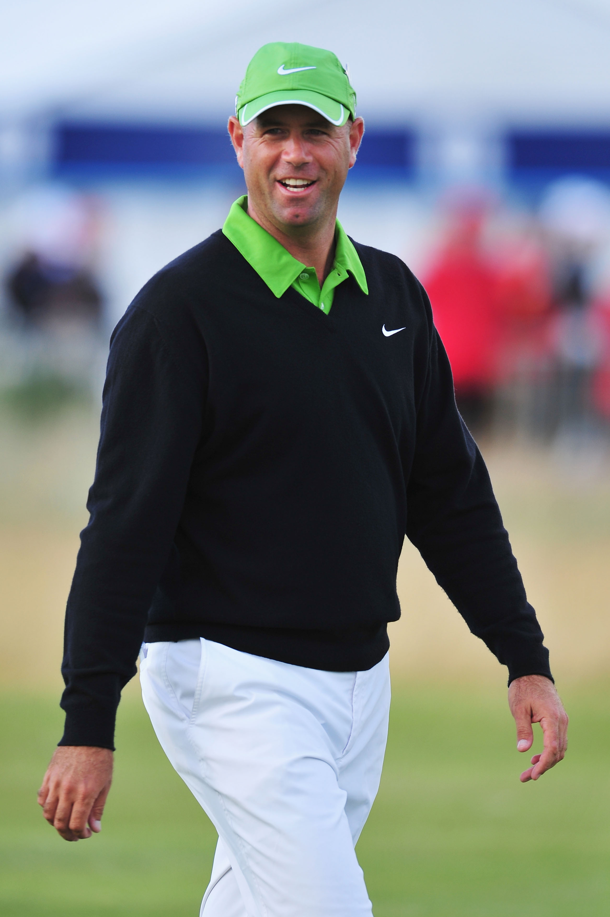 TURNBERRY, SCOTLAND - JULY 19:  Stewart Cink of USA smiles after hitting his approach shot on the final playoff hole with Tom Watson after the final round of the 138th Open Championship on the Ailsa Course, Turnberry Golf Club on July 19, 2009 in Turnberr