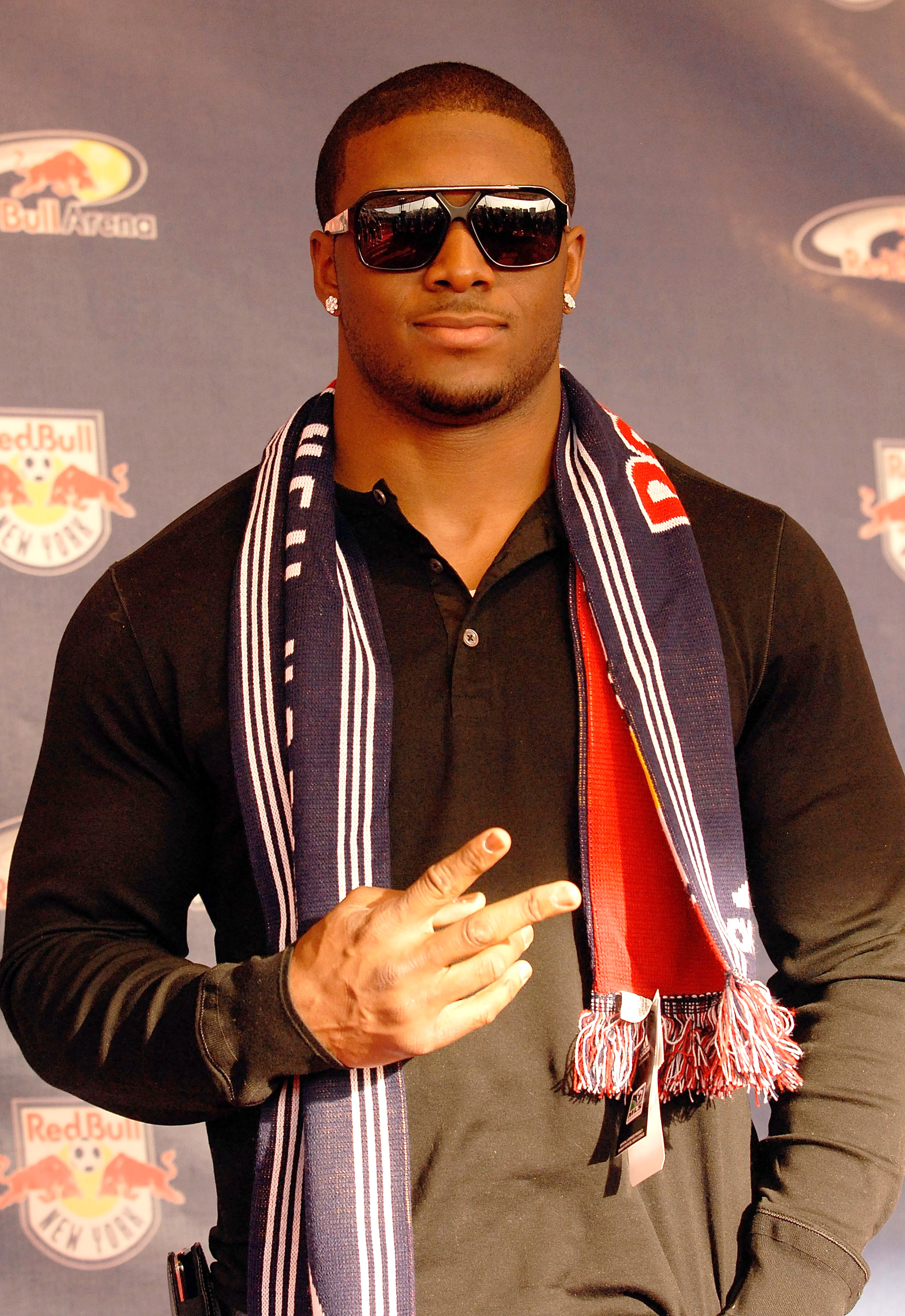 HARRISON, NJ - MARCH 20:  2010 Super Bowl champion Reggie Bush #25 of the New Orleans Saints poses for a photo prior to a match between the New York Red Bulls and Santos FC at the first match to be played at Red Bull Arena on March 20, 2010 in Harrison, N
