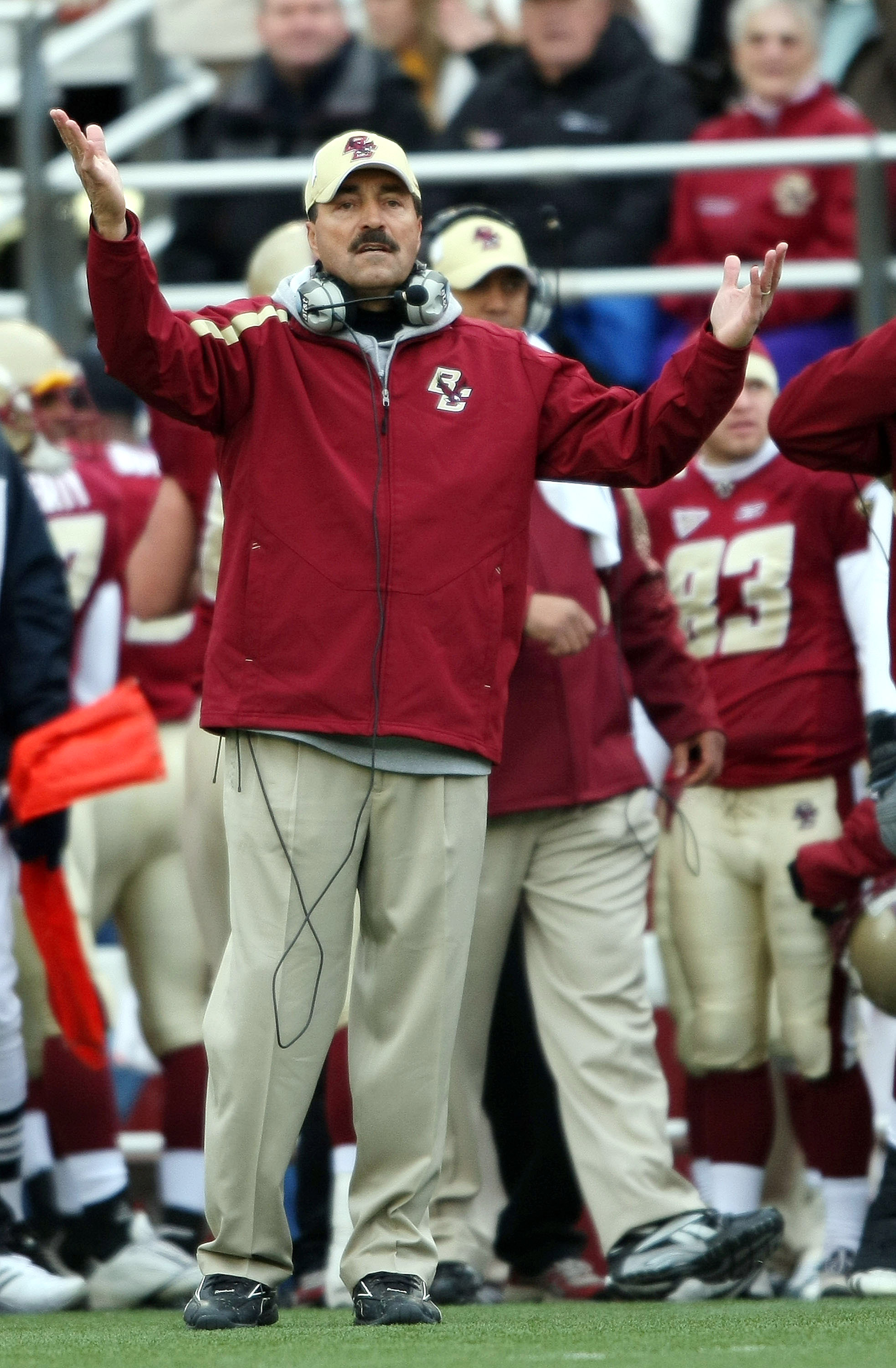 CHESTNUT HILL, MA - OCTOBER 17: Head coach Frank Spaziani of the Boston College Eagles reacts after he thought a call should have been made against the North Carolina State Wolf Pack in the first half on October 17, 2009 at Alumni Stadium in Chestnut Hi