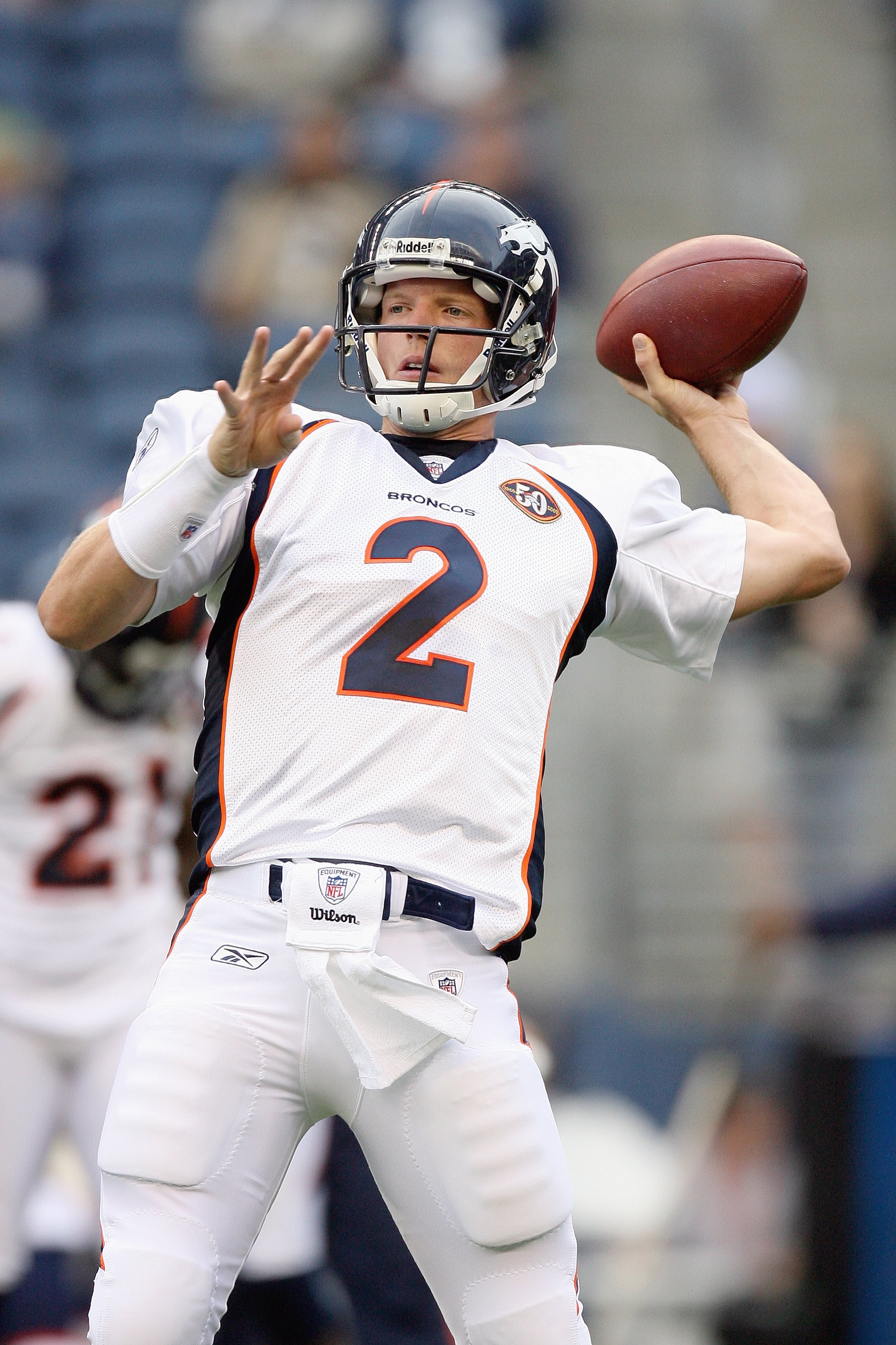 SEATTLE - AUGUST 22:  Quarterback Chris Simms #2 of the Denver Broncos warms up before the game against the Seattle Seahawks on August 22, 2009 at Qwest Field in Seattle, Washington. (Photo by Otto Greule Jr/Getty Images)