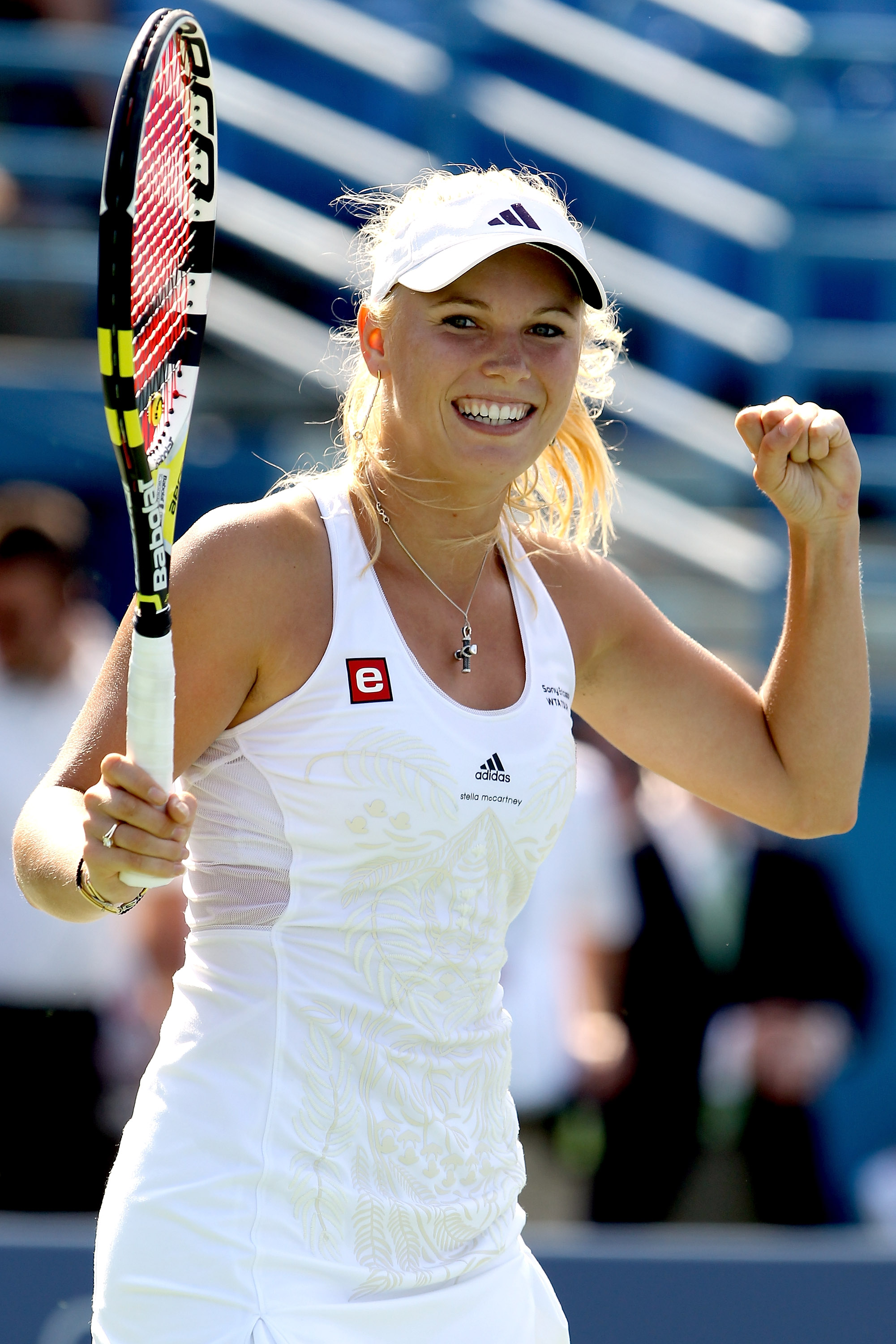 NEW HAVEN, CT - AUGUST 28:  Caroline Wozniacki of Denmark celebrates match point against Nadia Petrova of Russia during the final of the Pilot Pen tennis tournament at the Connecticut Tennis Center on August 28, 2010 in New Haven, Connecticut.  Wozniacki