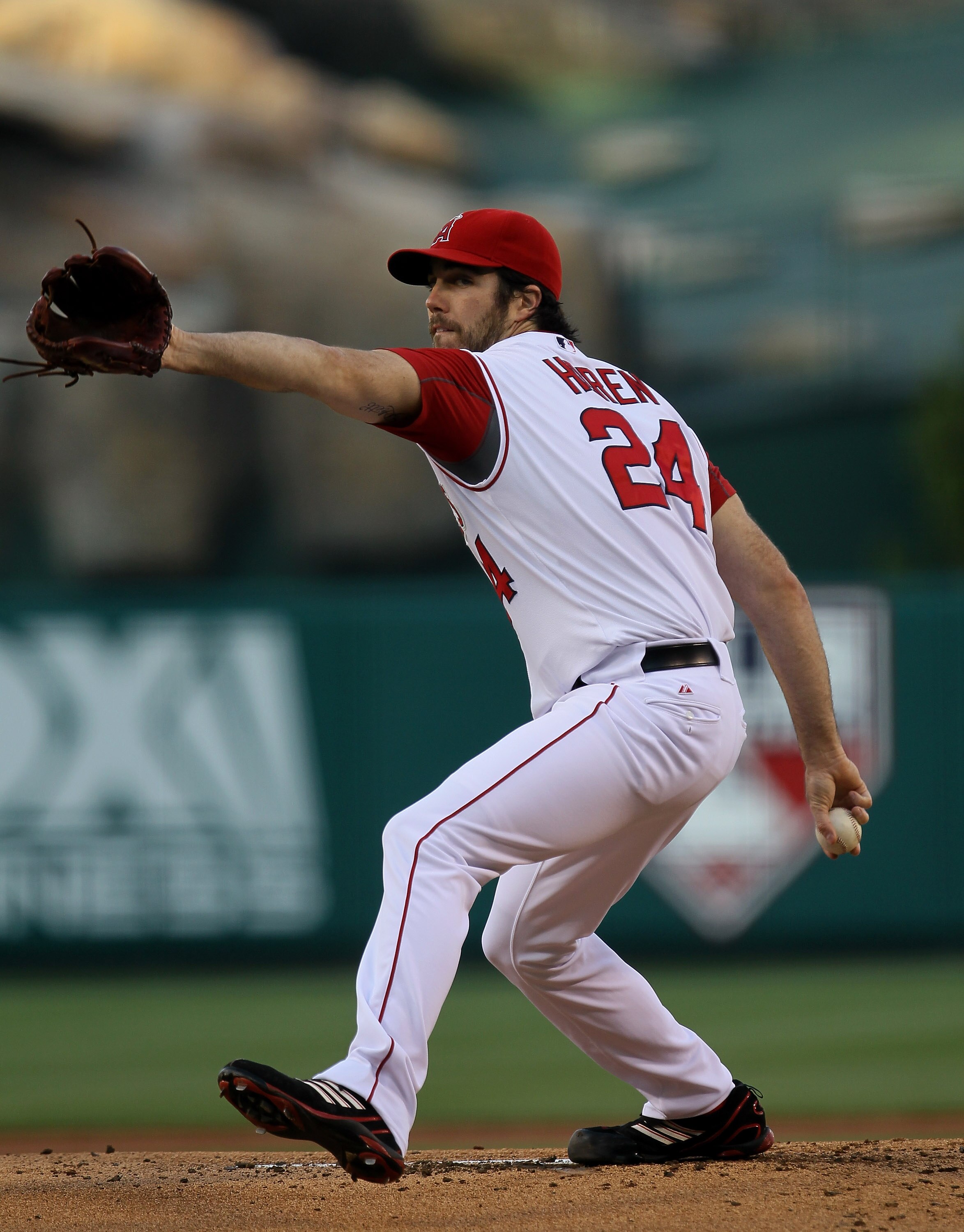 ANAHEIM, CA - SEPTEMBER 06: Dan Haren #24 of the Los Angeles Angels of Anaheim throws a pitch against the Cleveland Indians on September 6, 2010 at Angel Stadium in Anaheim, California. (Photo by Stephen Dunn/Getty Images)