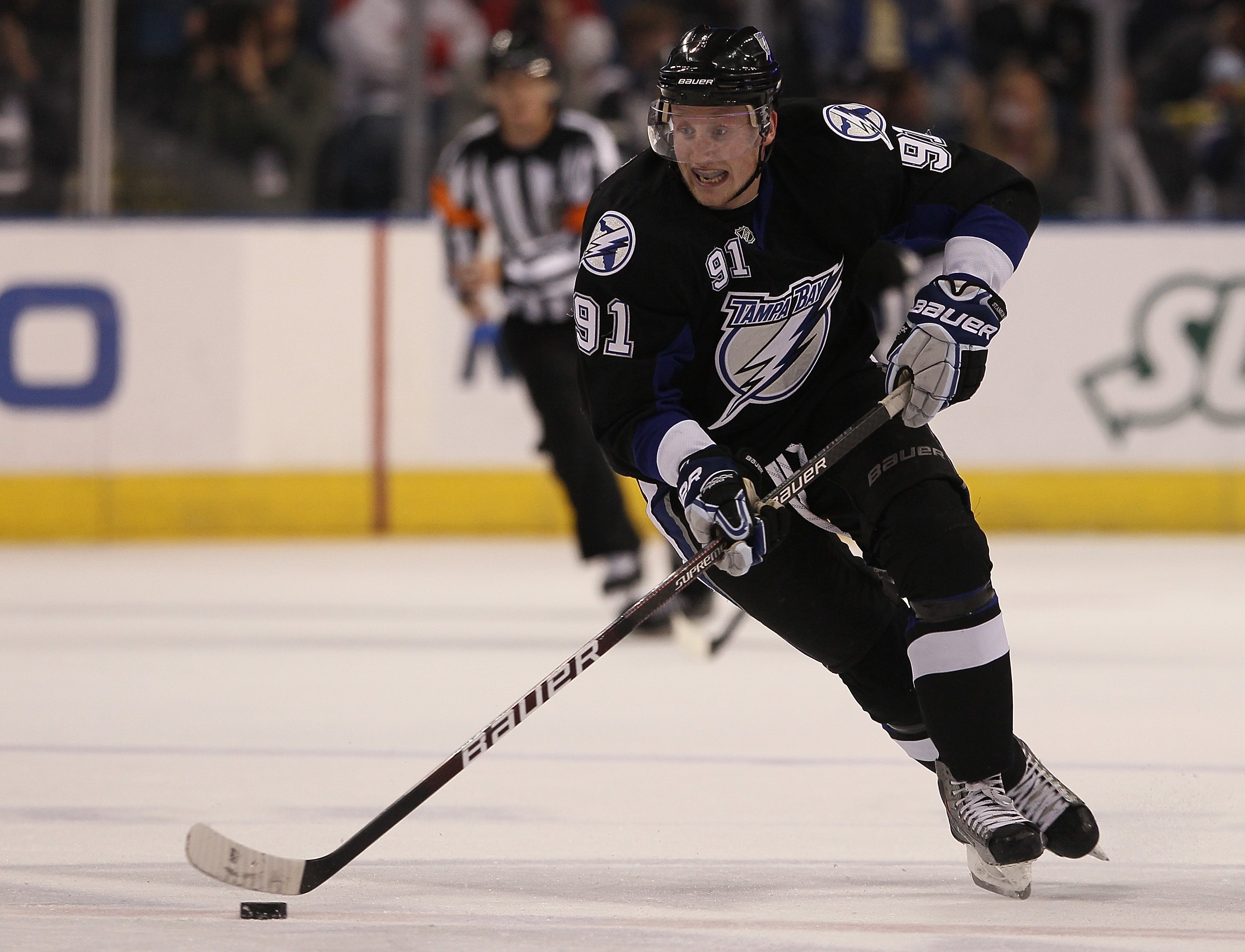 Steve Downie of the Tampa Bay Lightning controls the puck during