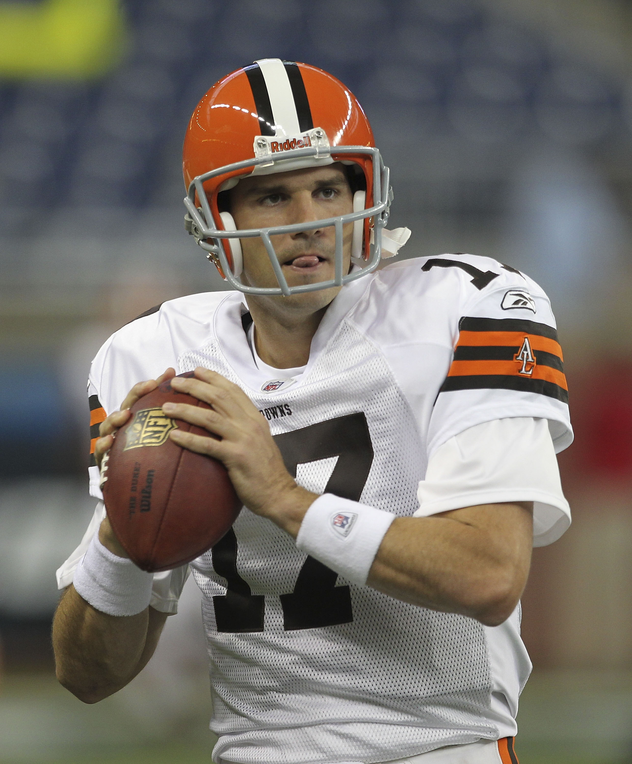 DETROIT - AUGUST 28: Jake Delhomme #17 of the Cleveland Browns warms up prior to the start of the preseason game against the Detroit Lions at Ford Field on August 28, 2010 in Detroit, Michigan. (Photo by Leon Halip/Getty Images)