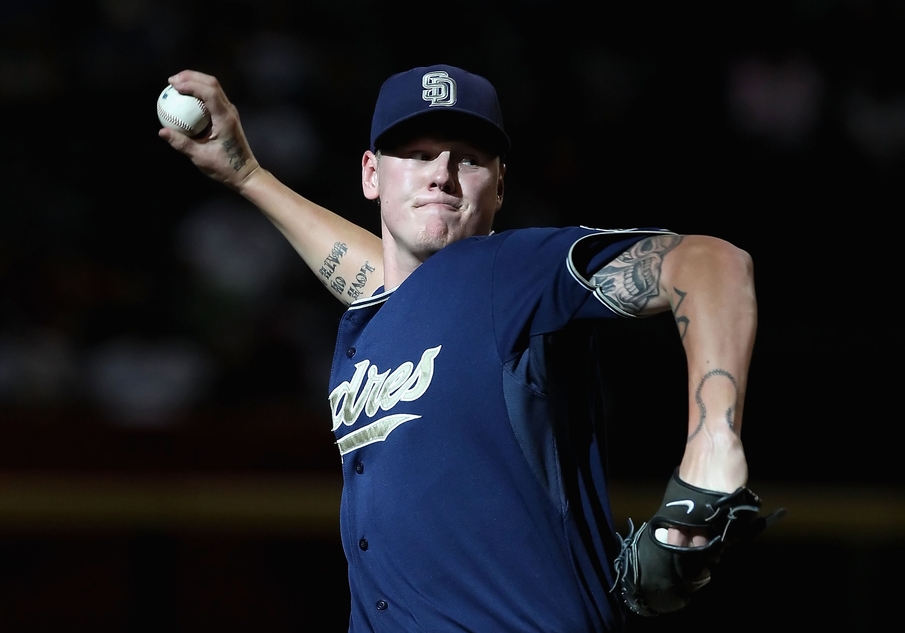 PHOENIX - SEPTEMBER 01:  Starting pitcher Mat Latos #38 of the San Diego Padres pitches against the Arizona Diamondbacks during the Major League Baseball game at Chase Field on September 1, 2010 in Phoenix, Arizona. The Diamondbacks defeated the Padres 5-
