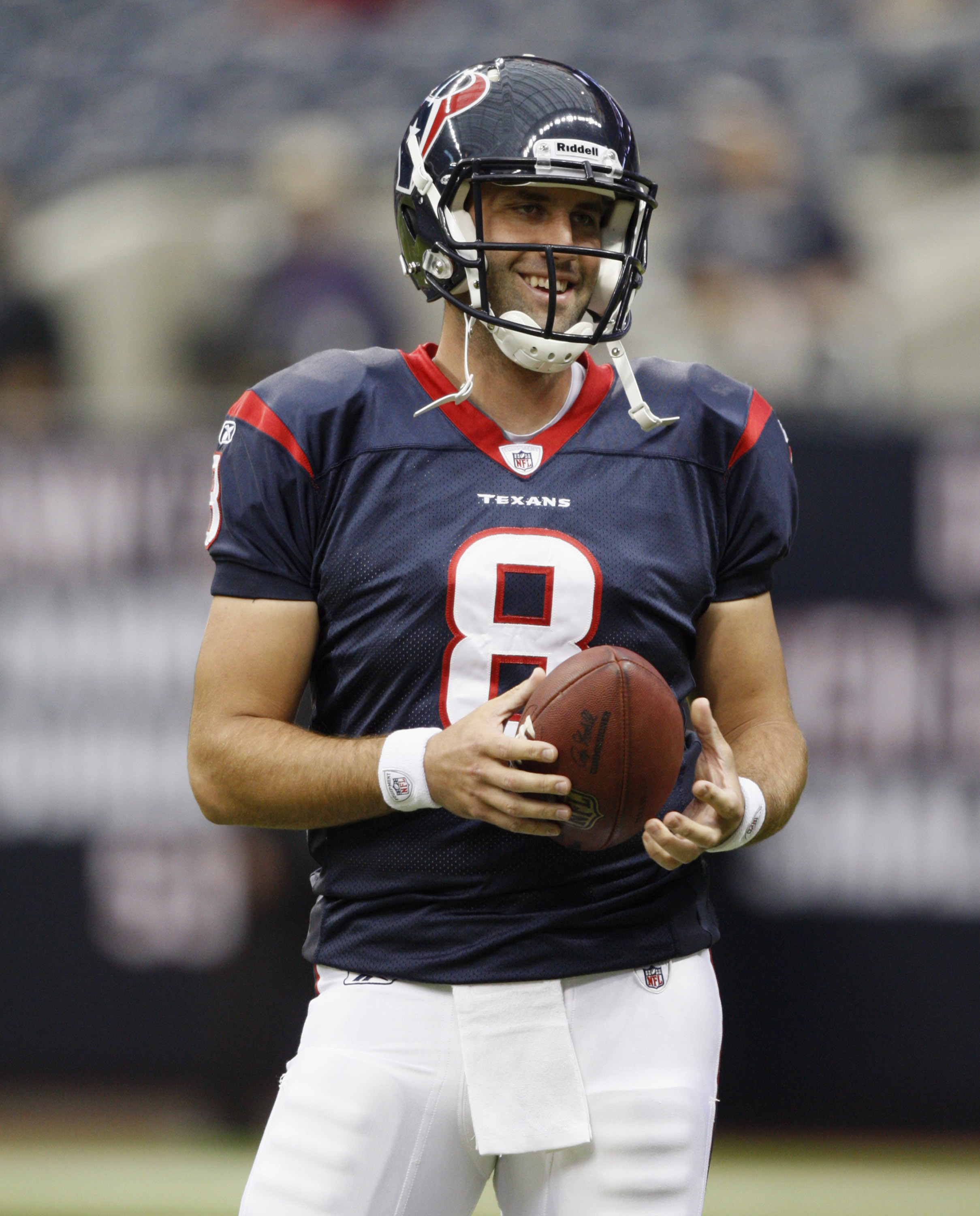 HOUSTON - SEPTEMBER 02:  Quarterback Matt Schaub #8 of the Houston Texans warms up before a preseason game against the Tampa Bay Buccaneers at Reliant Stadium on September 2, 2010 in Houston, Texas.  (Photo by Bob Levey/Getty Images)