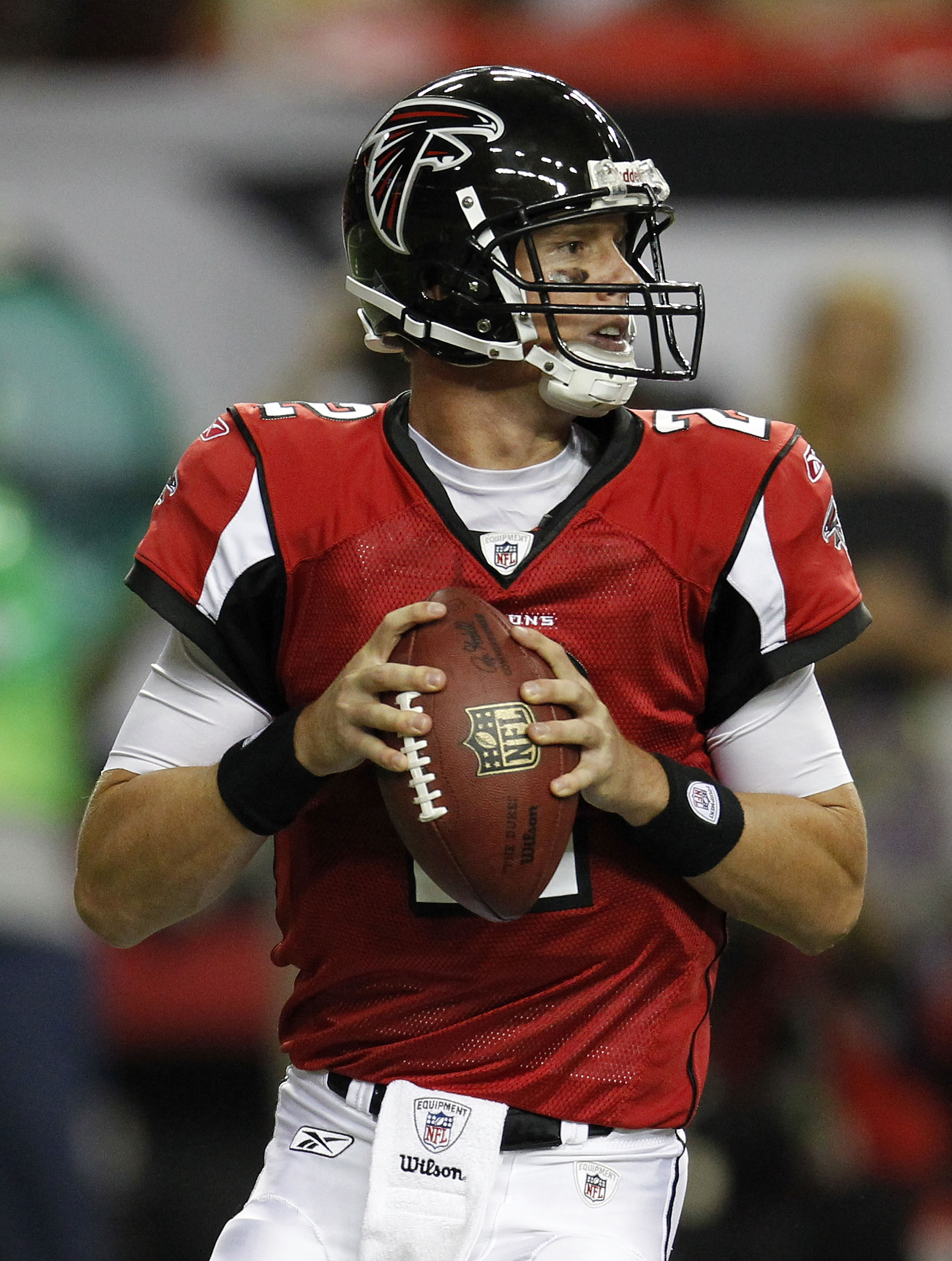 ATLANTA - AUGUST 19:  Quarterback Matt Ryan #2 of the Atlanta Falcons drops back to pass during the preseason game against the New England Patriots at the Georgia Dome on August 19, 2010 in Atlanta, Georgia.  (Photo by Mike Zarrilli/Getty Images)