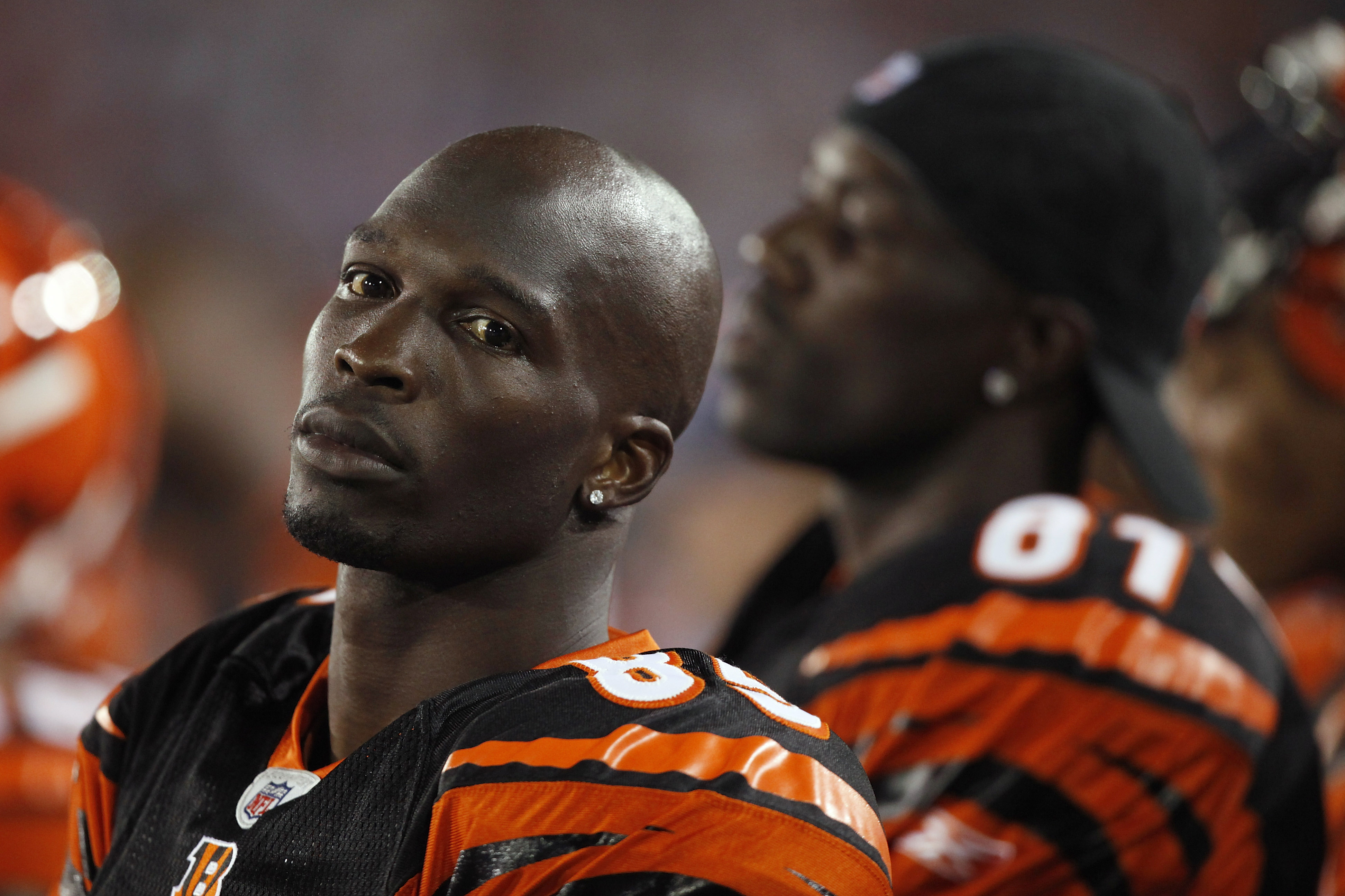 CANTON, OH - AUGUST 8: Chad Ochocinco #85 and Terrell Owens #81 of the Cincinnati Bengals look on against the Dallas Cowboys during the 2010 Pro Football Hall of Fame Game at the Pro Football Hall of Fame Field at Fawcett Stadium on August 8, 2010 in Cant