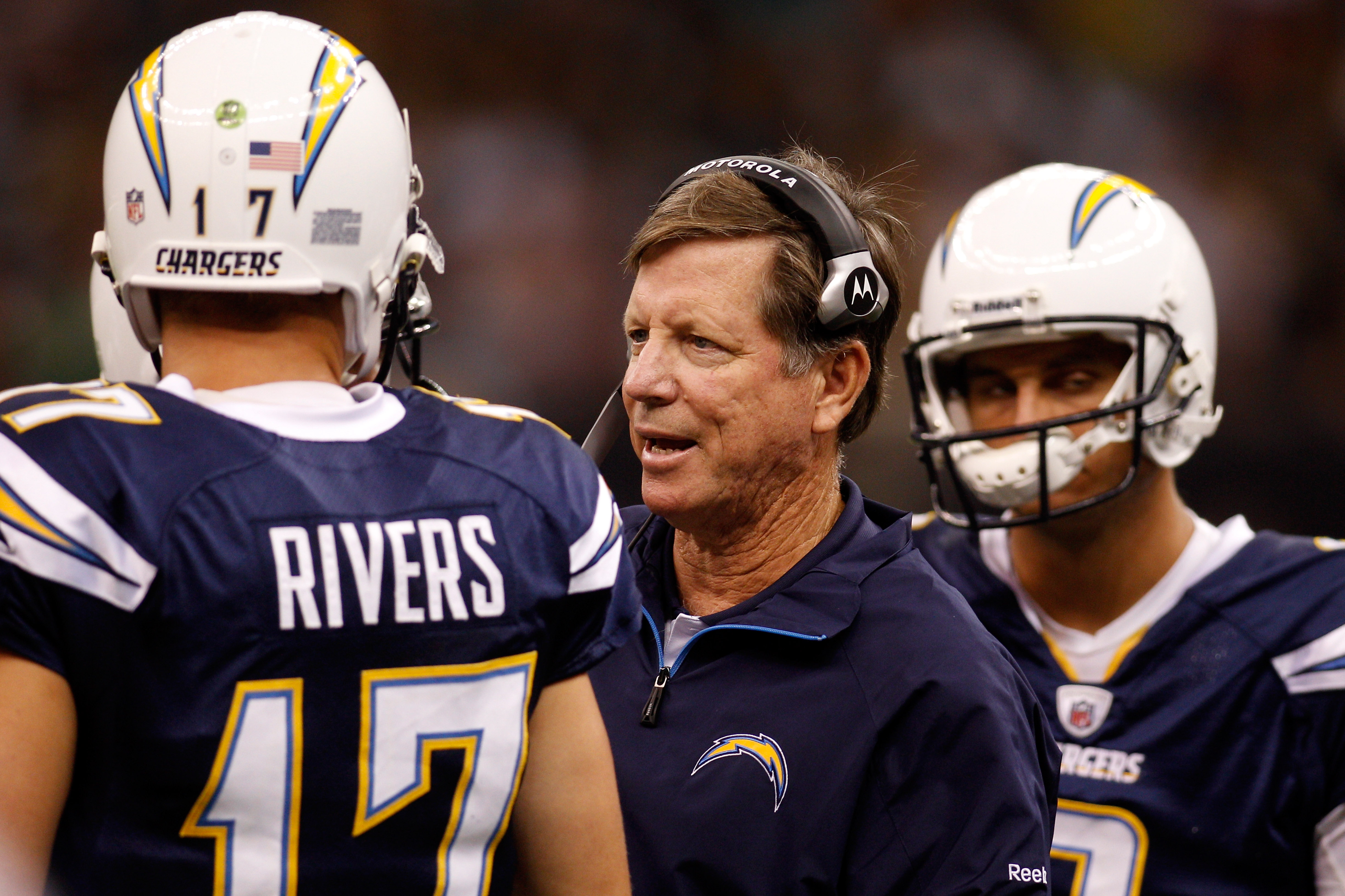 NEW ORLEANS - AUGUST 27:  Head coach Norv Turner talks with Philip Rivers #17 of the San Diego Chargers during the game against the New Orleans Saints at the Louisiana Superdome on August 27, 2010 in New Orleans, Louisiana.  (Photo by Chris Graythen/Getty