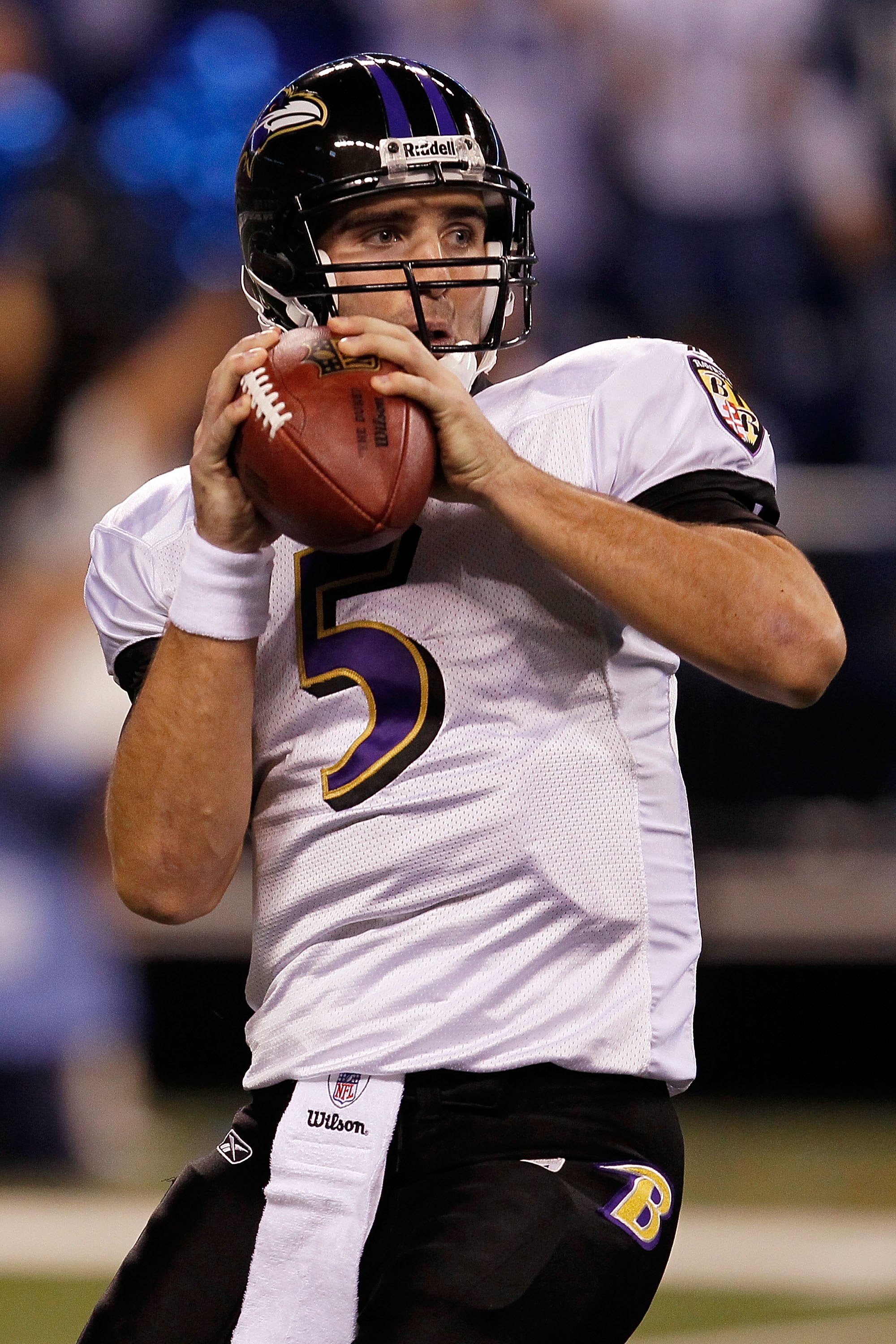 INDIANAPOLIS - JANUARY 16:  Quarterback Joe Flacco #5 of the Baltimore Ravens throws the ball against the Indianapolis Colts in the AFC Divisional Playoff Game at Lucas Oli Stadium on January 16, 2010 in Indianapolis, Indiana.  (Photo by Jonathan Daniel/G