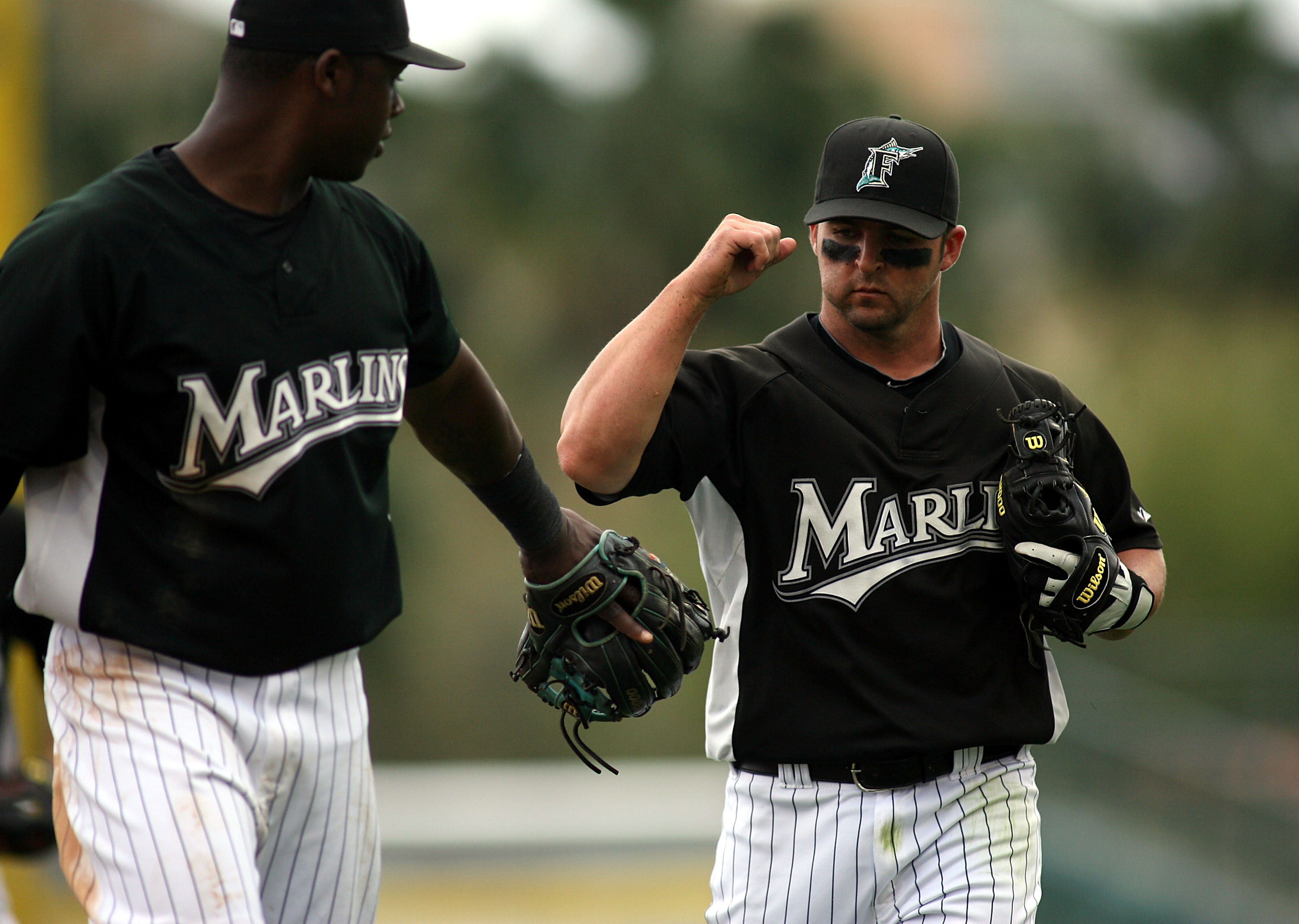 JUPITER, FL - MARCH 28:  Hanley Ramirez #2 and Dan Uggla #6 of the Florida Marlins come off the field  against the Houston Astros on March 28, 2010 at Roger Dean Stadium in Jupiter, Florida.  (Photo by Marc Serota/Getty Images)