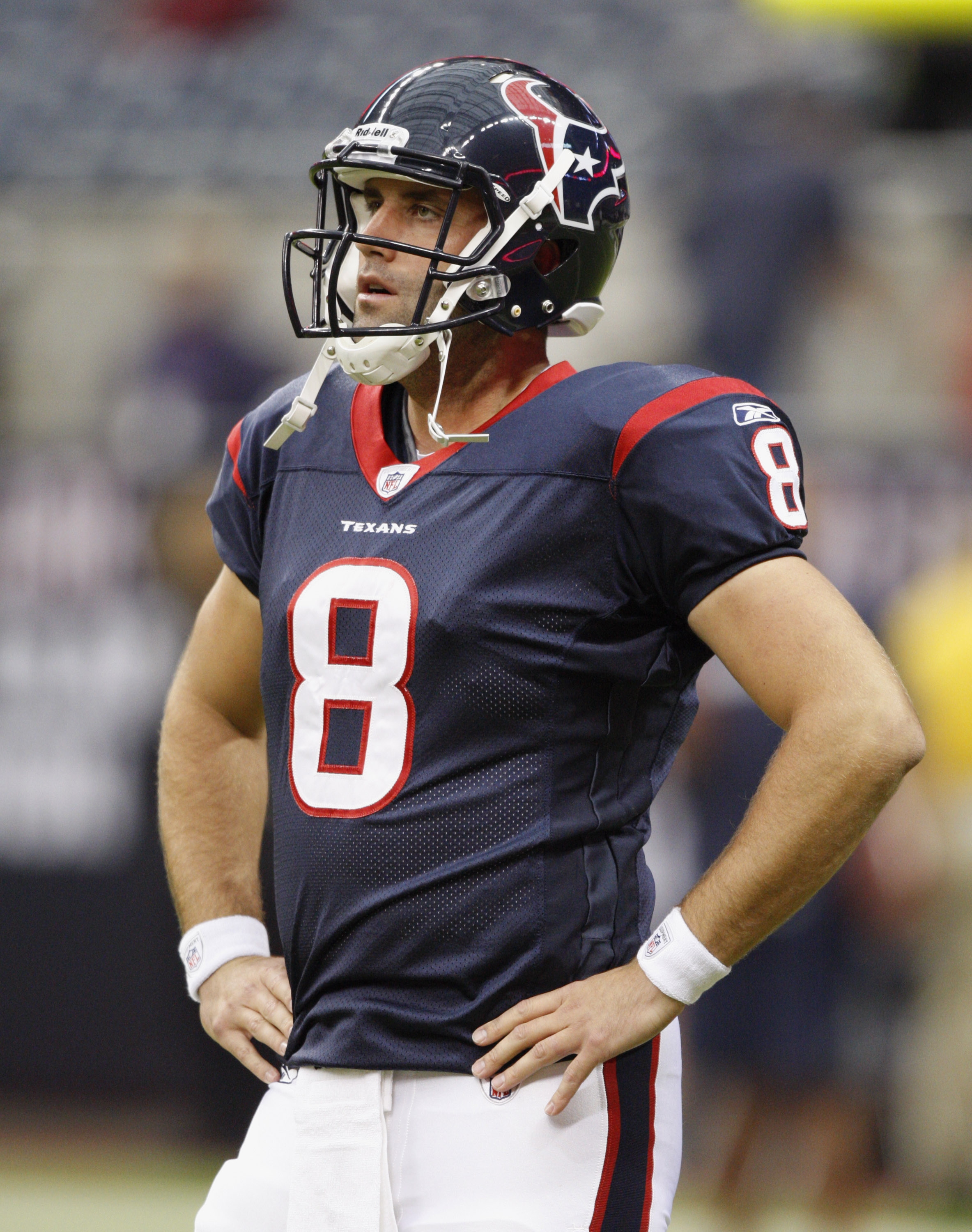 HOUSTON - SEPTEMBER 02:  Quarterback Matt Schaub #8 of the Houston Texans warms up before a preseason game against the Tampa Bay Buccaneers at Reliant Stadium on September 2, 2010 in Houston, Texas.  (Photo by Bob Levey/Getty Images)