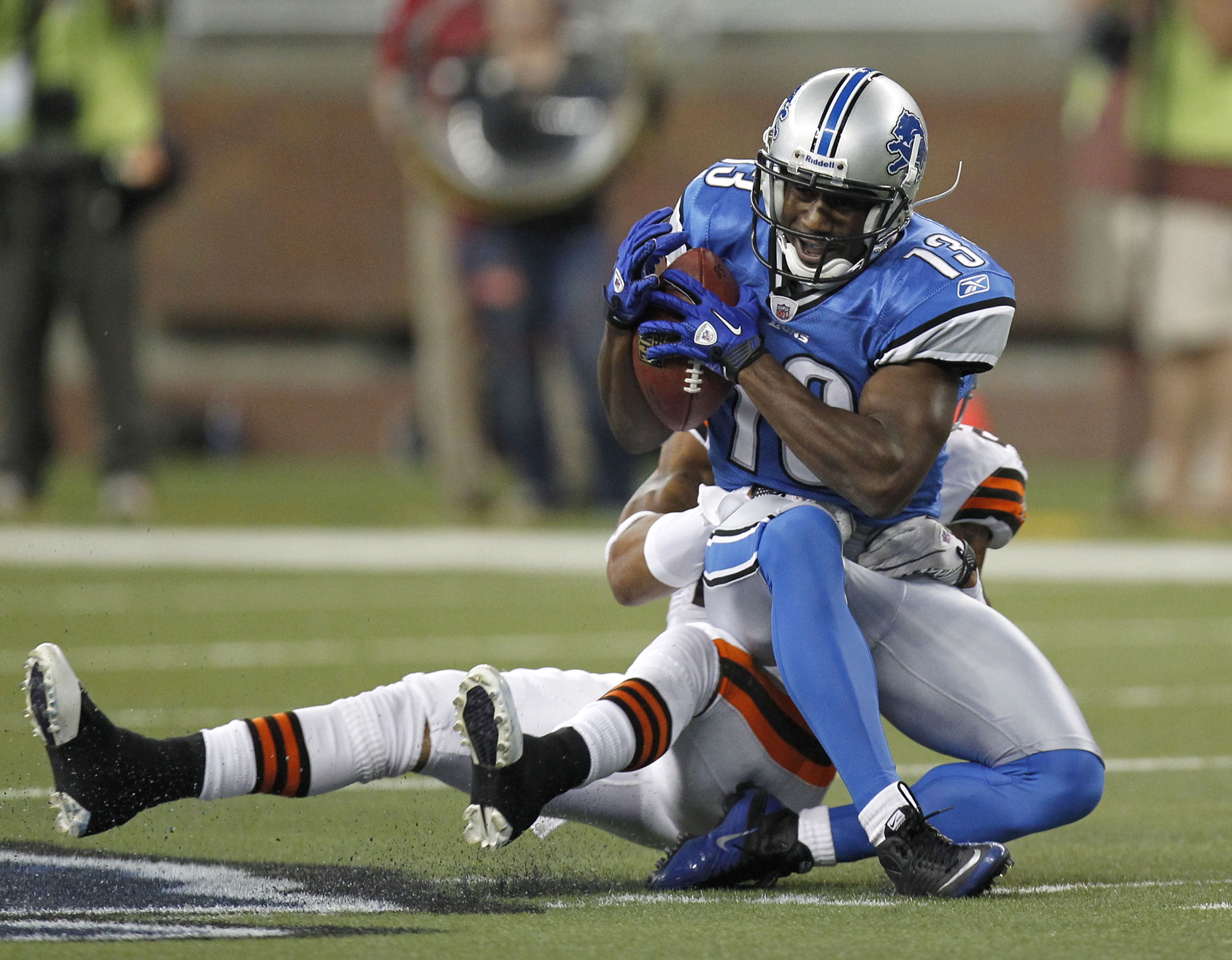 Nate Burleson of the Seattle Seahawks reacts after the play during