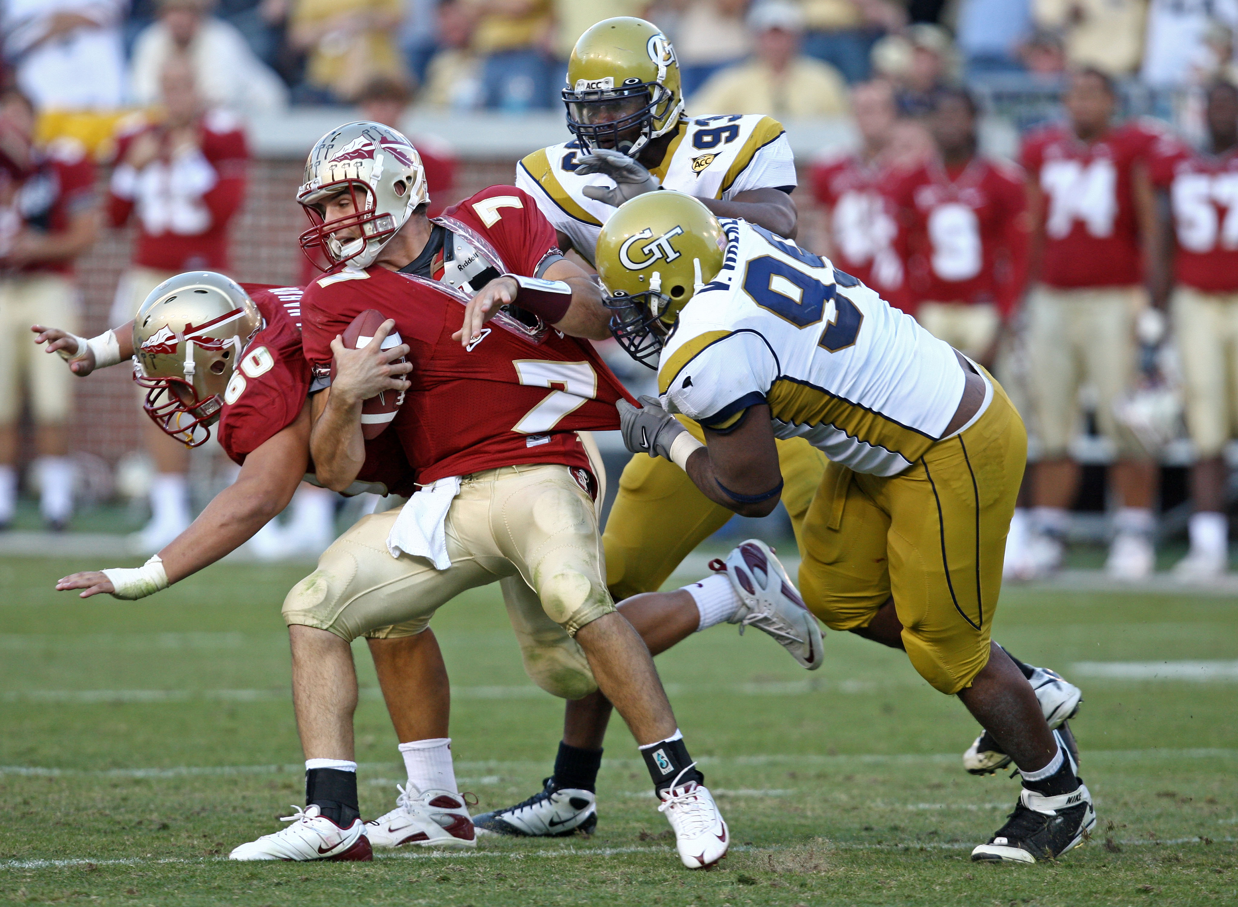 ATLANTA - NOVEMBER 1: Defensive end Vance Walker #99 of the Georgia Tech Yellow Jackets tackles quarterback Christian Ponder #7 of the Florida State Seminoles during the game at Bobby Dodd Stadium at Historic Grant Field on November 1, 2008 in Atlanta, G