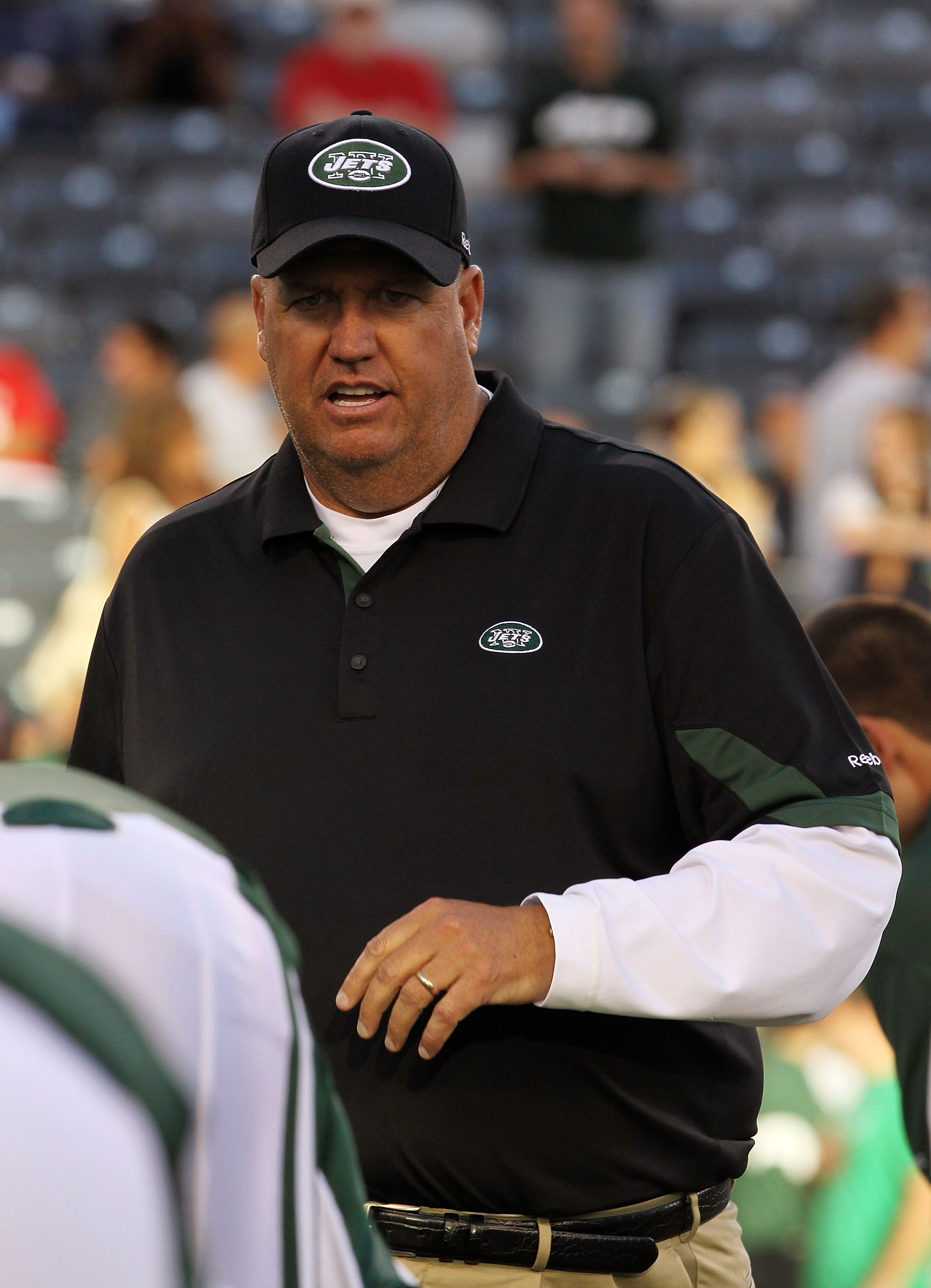 Buffalo Bills head coach Rex Ryan questions an official's call during the  second quarter of the pre-season game against the Washington Redskins at  FedEx Field in Landover, Maryland on Friday, August 26