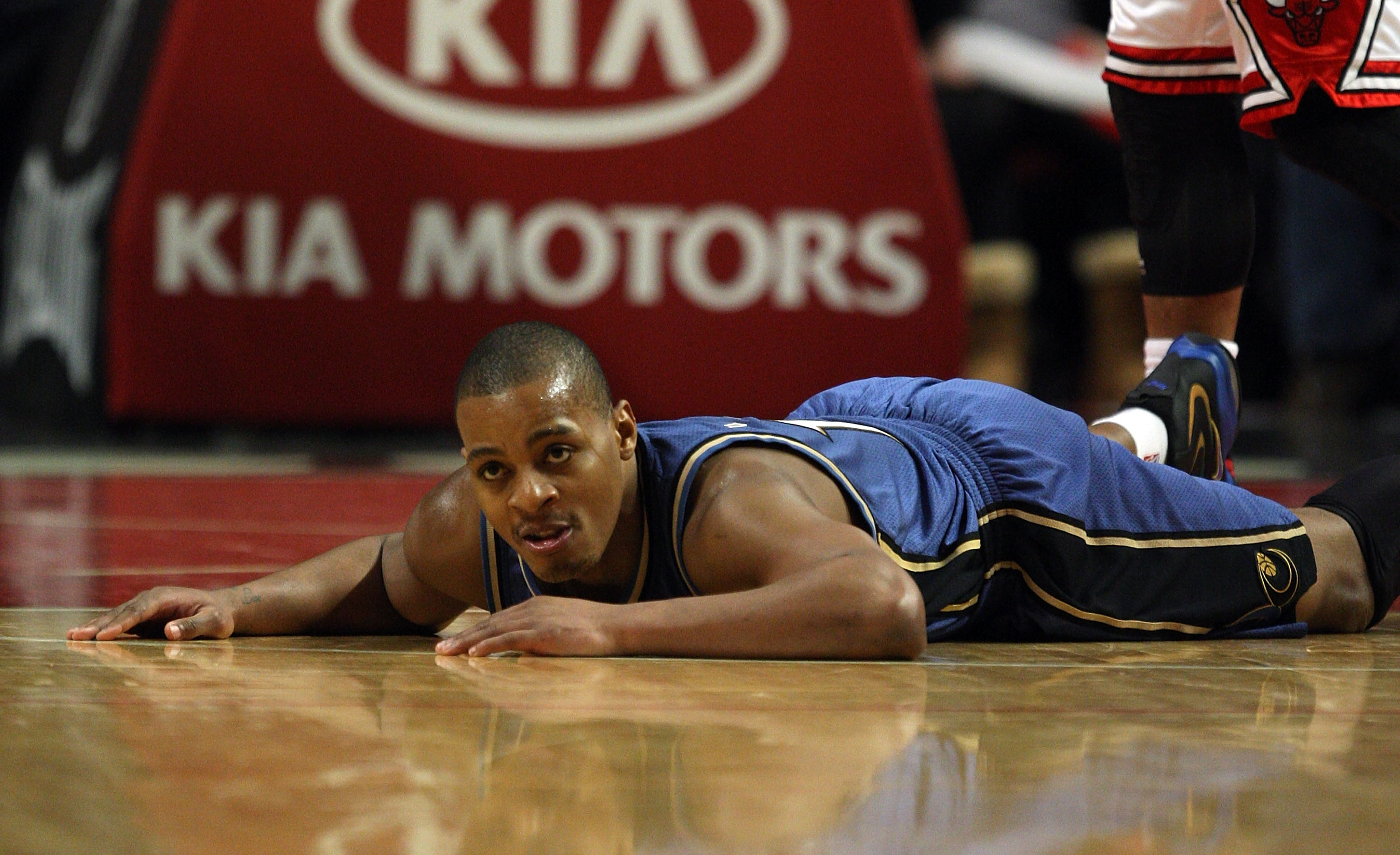 CHICAGO - JANUARY 15: Randy Foye #15 of the Washington Wizards lays on the floor after turning over the ball against the Chicago Bulls at the United Center on January 15, 2010 in Chicago, Illinois. The Bulls defeated the Wizards 121-119 in double overtime