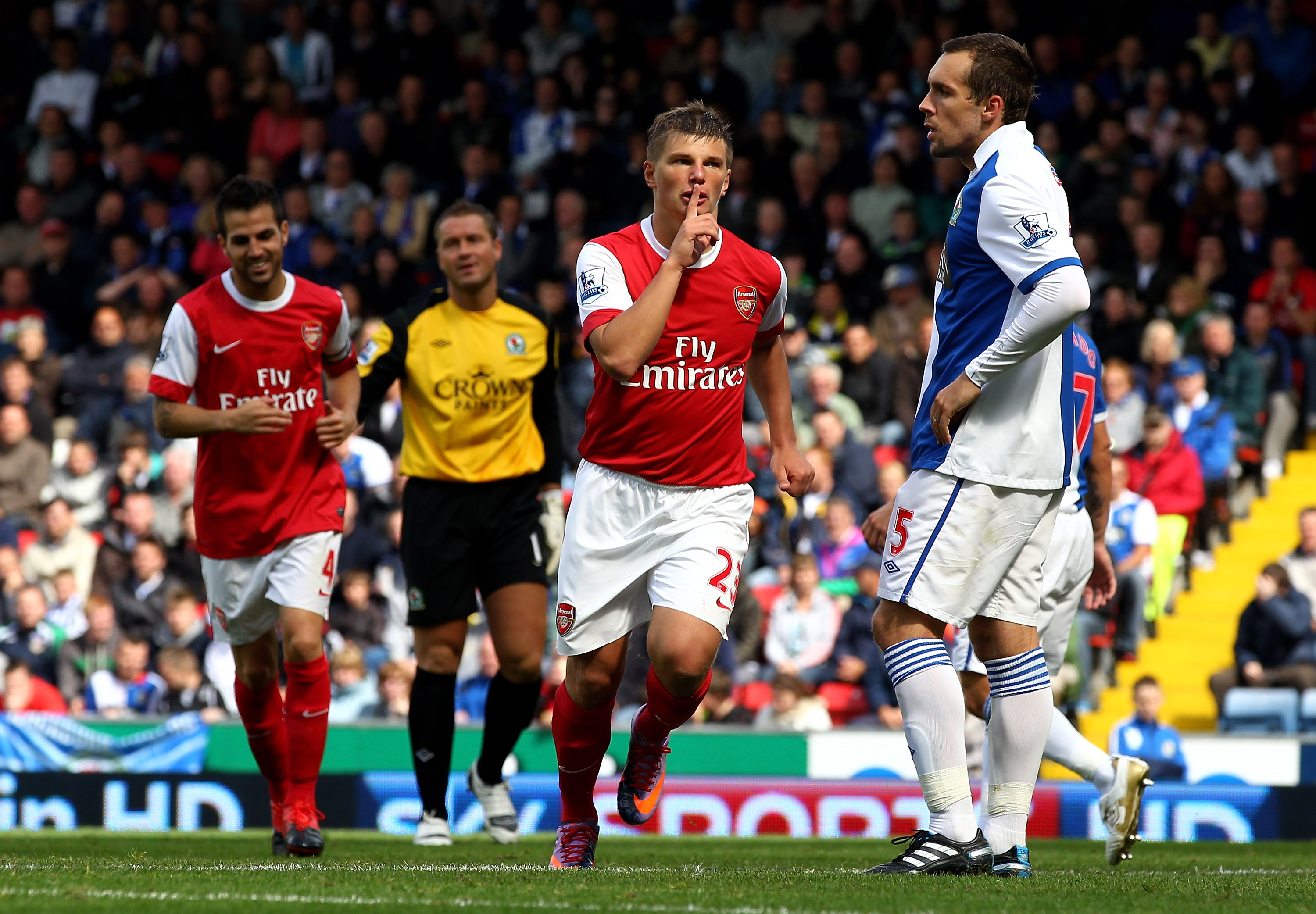 BLACKBURN, ENGLAND - AUGUST 28:  Andrey Arshavin of Arsenal celebrates scoring his team's second goal during the Barclays Premier League match between Blackburn Rovers and Arsenal at Ewood Park on August 28, 2010 in Blackburn, England.  (Photo by Clive Br