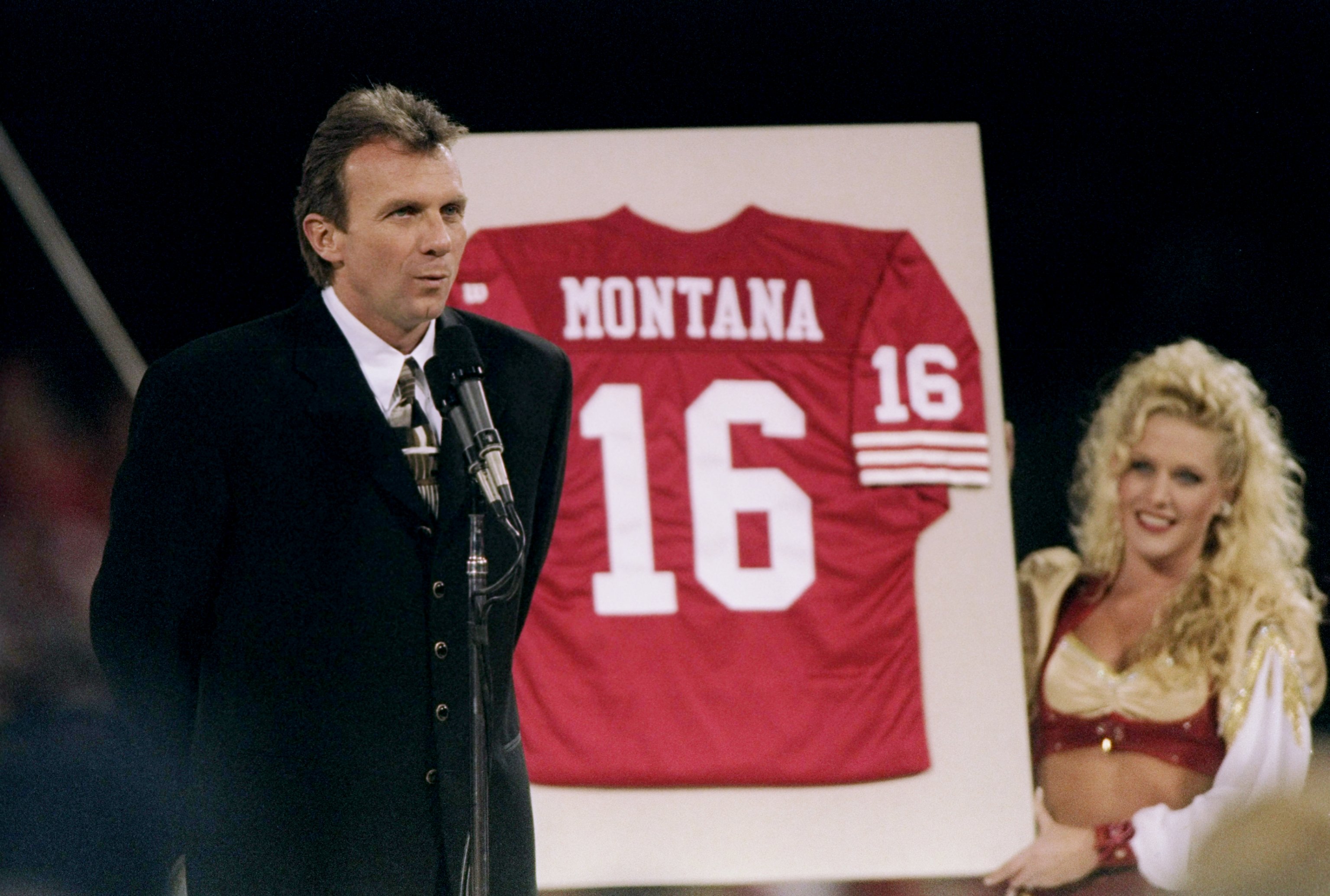 15 Dec 1997:  Former quarterback Joe Montana of the San Francisco 49ers has his jersey retired during the 49ers 34-17 win over the Denver Broncos at 3Com Park in San Francisco, California. Mandatory Credit: Todd Warshaw  /Allsport