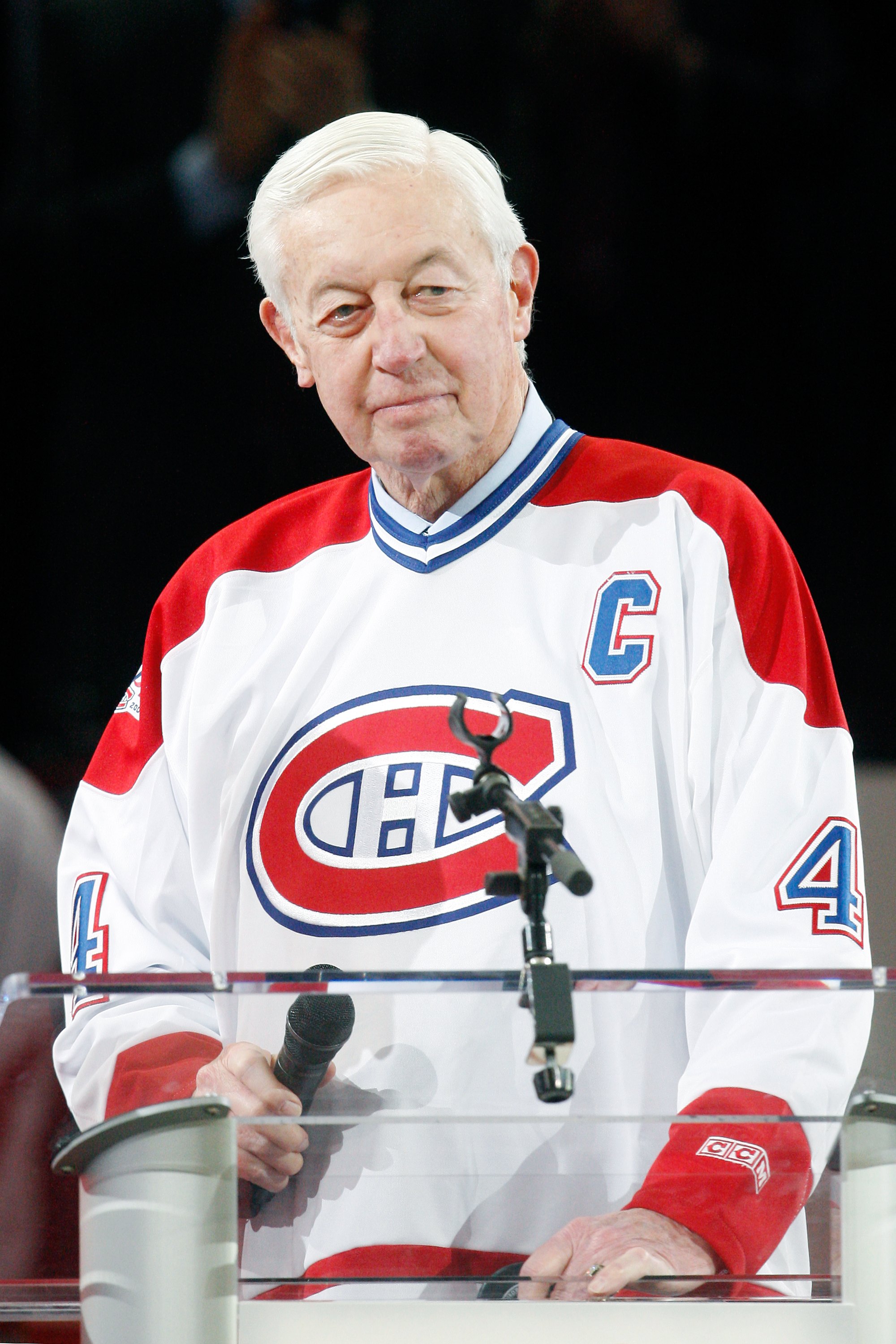 MONTREAL- DECEMBER 4:  Former Montreal Canadien Jean Beliveau speaks to fans during the Centennial Celebration ceremonies prior to the NHL game between the Montreal Canadiens and Boston Bruins on December 4, 2009 at the Bell Centre in Montreal, Quebec, Ca